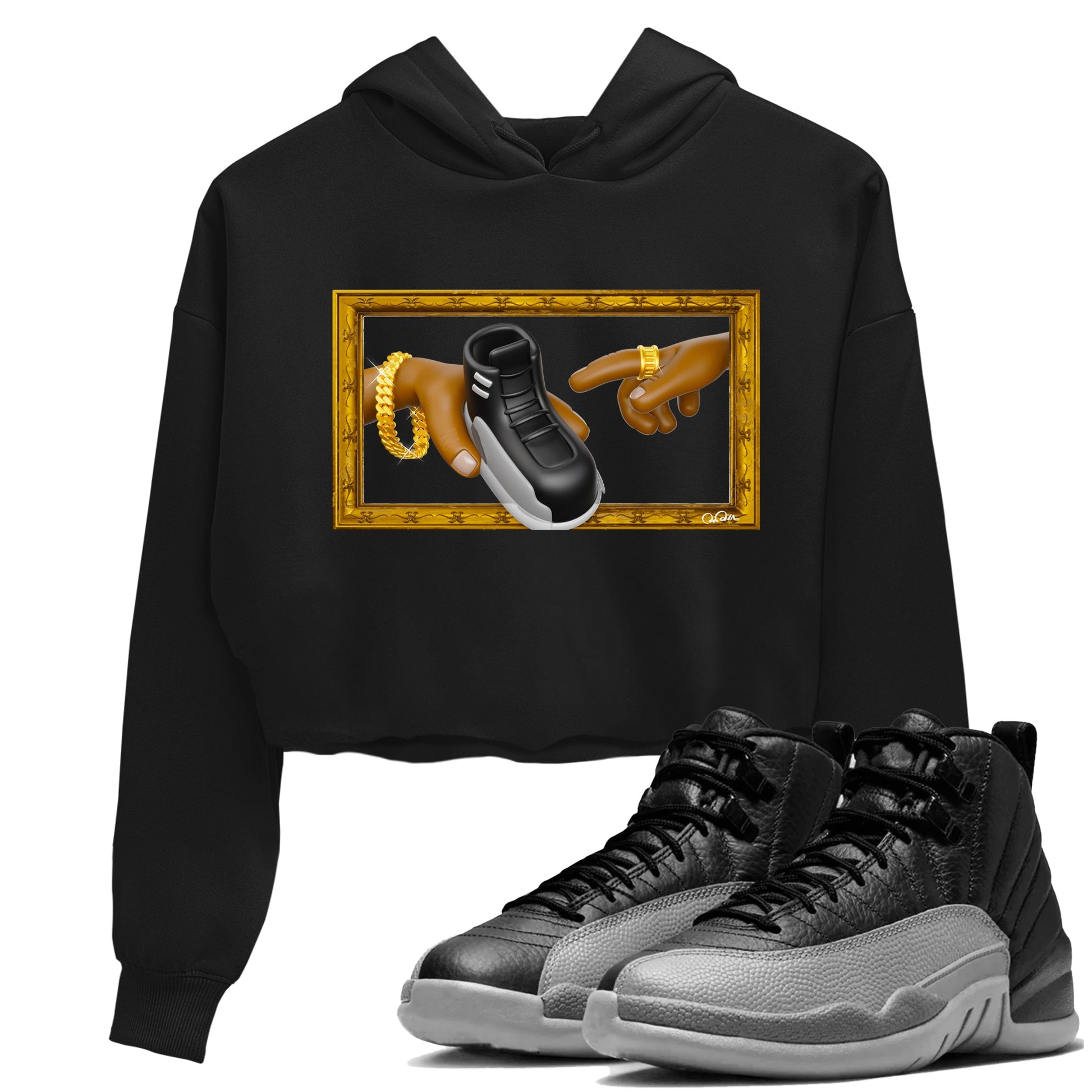 12s Black Wolf Grey shirts to match jordans The Creation Of Adam sneaker match tees Air Jordan 12 Barons match shoes to clothes SNRT Sneaker Tees unisex cotton Black 1 crop tee