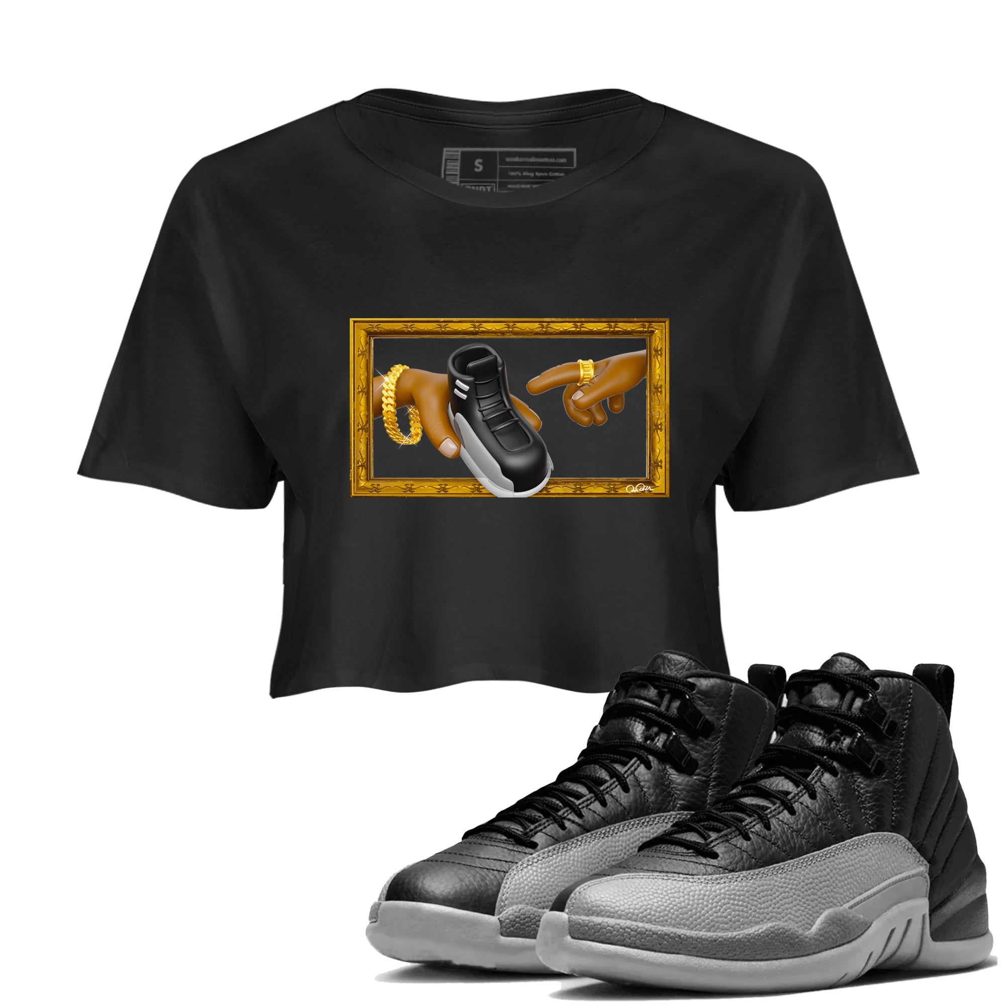 12s Black Wolf Grey shirts to match jordans The Creation Of Adam sneaker match tees Air Jordan 12 Barons match shoes to clothes SNRT Sneaker Tees unisex cotton Black 1 crop tee