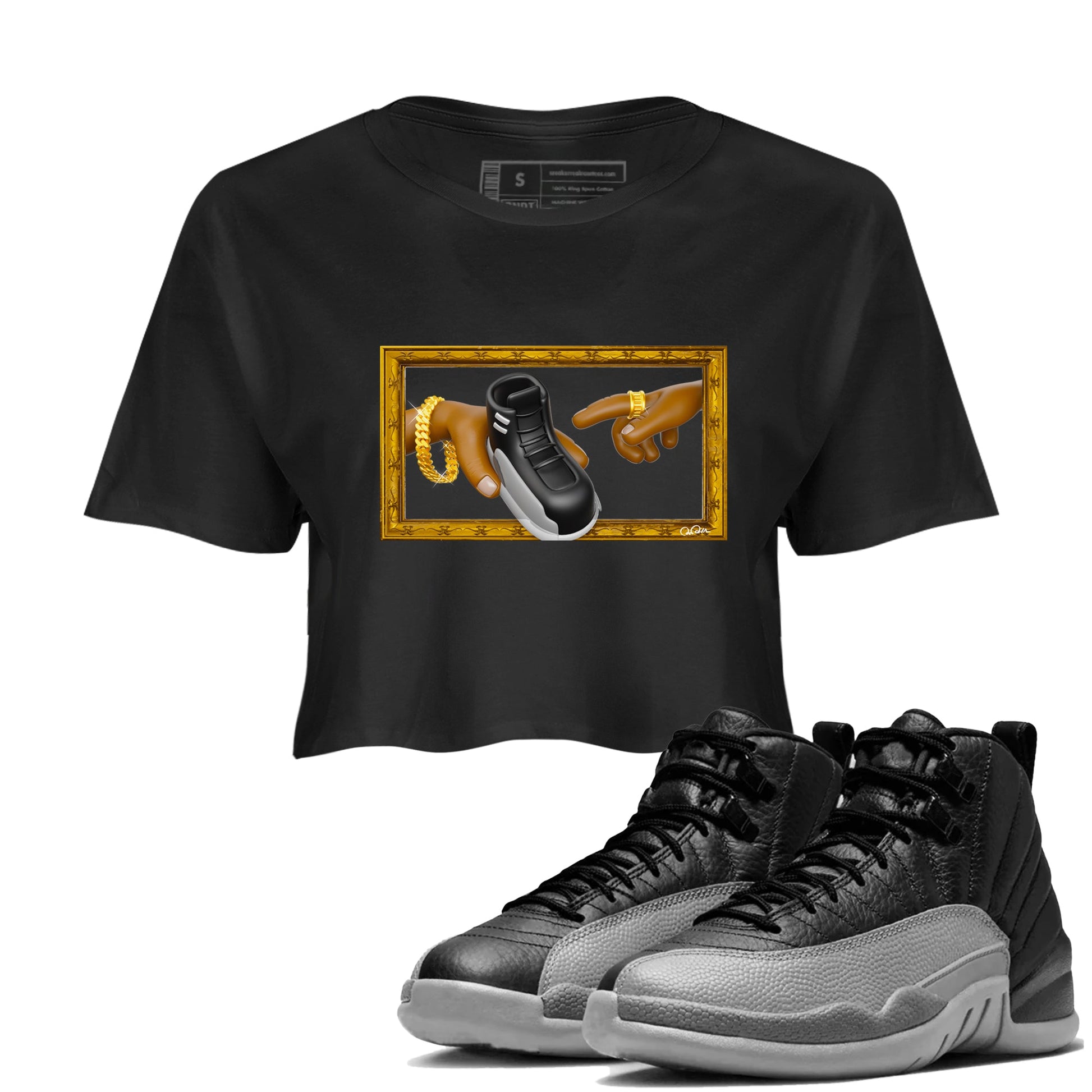 12s Black Wolf Grey shirts to match jordans The Creation Of Adam sneaker match tees Air Jordan 12 Barons match shoes to clothes SNRT Sneaker Tees unisex cotton Black 1 crop tee