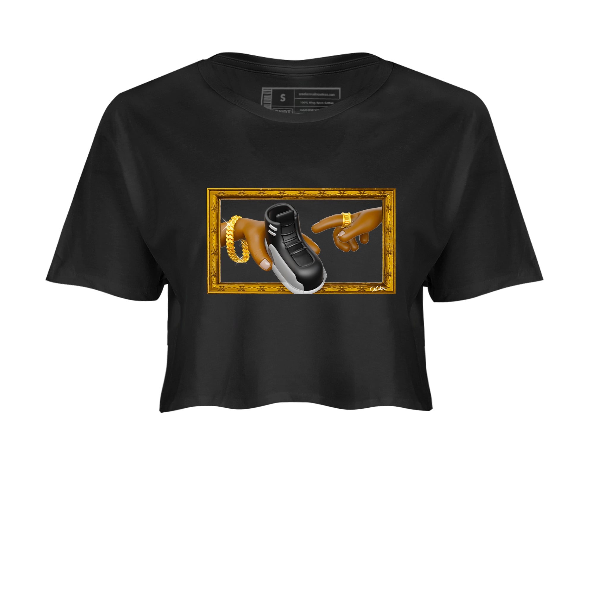 12s Black Wolf Grey shirts to match jordans The Creation Of Adam sneaker match tees Air Jordan 12 Barons match shoes to clothes SNRT Sneaker Tees unisex cotton Black 2 crop tee