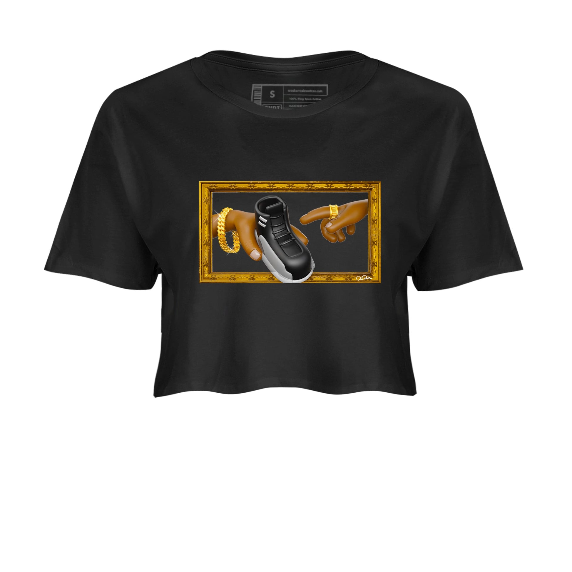 12s Black Wolf Grey shirts to match jordans The Creation Of Adam sneaker match tees Air Jordan 12 Barons match shoes to clothes SNRT Sneaker Tees unisex cotton Black 2 crop tee