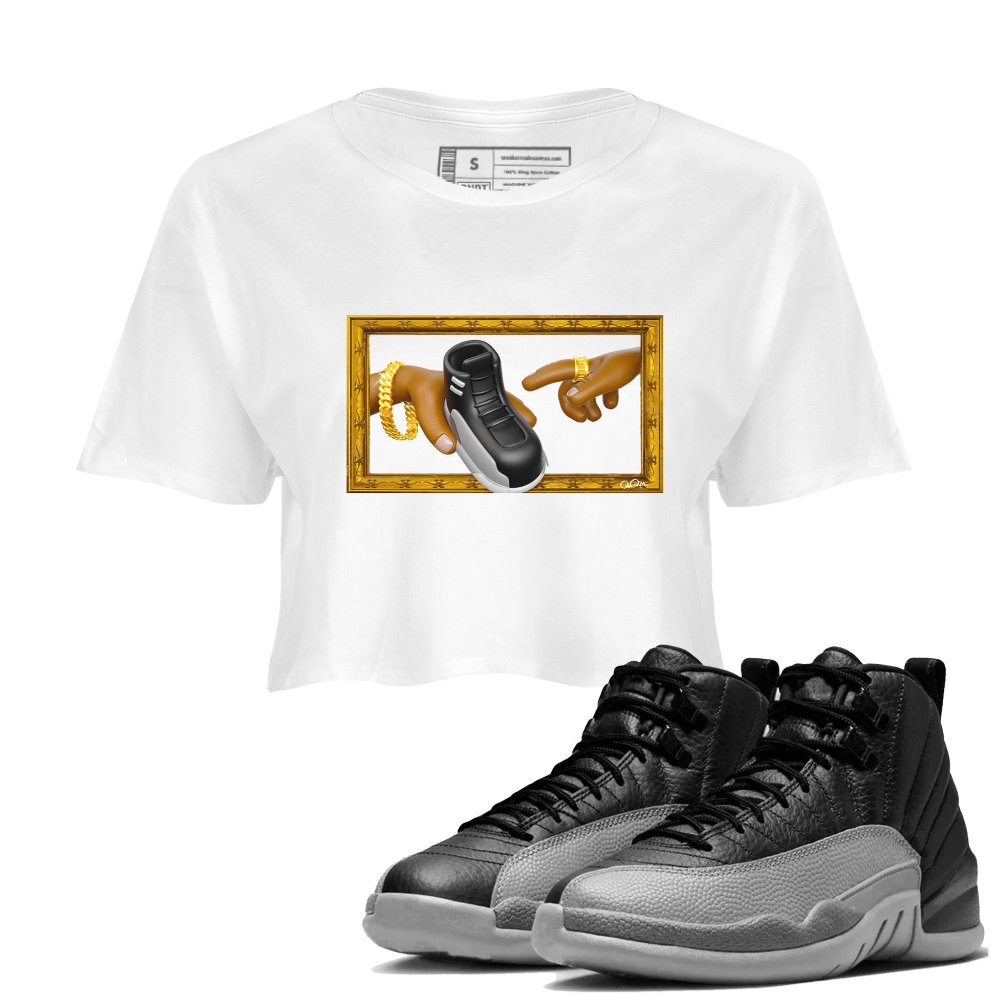 12s Black Wolf Grey shirts to match jordans The Creation Of Adam sneaker match tees Air Jordan 12 Barons match shoes to clothes SNRT Sneaker Tees unisex cotton White 1 crop tee