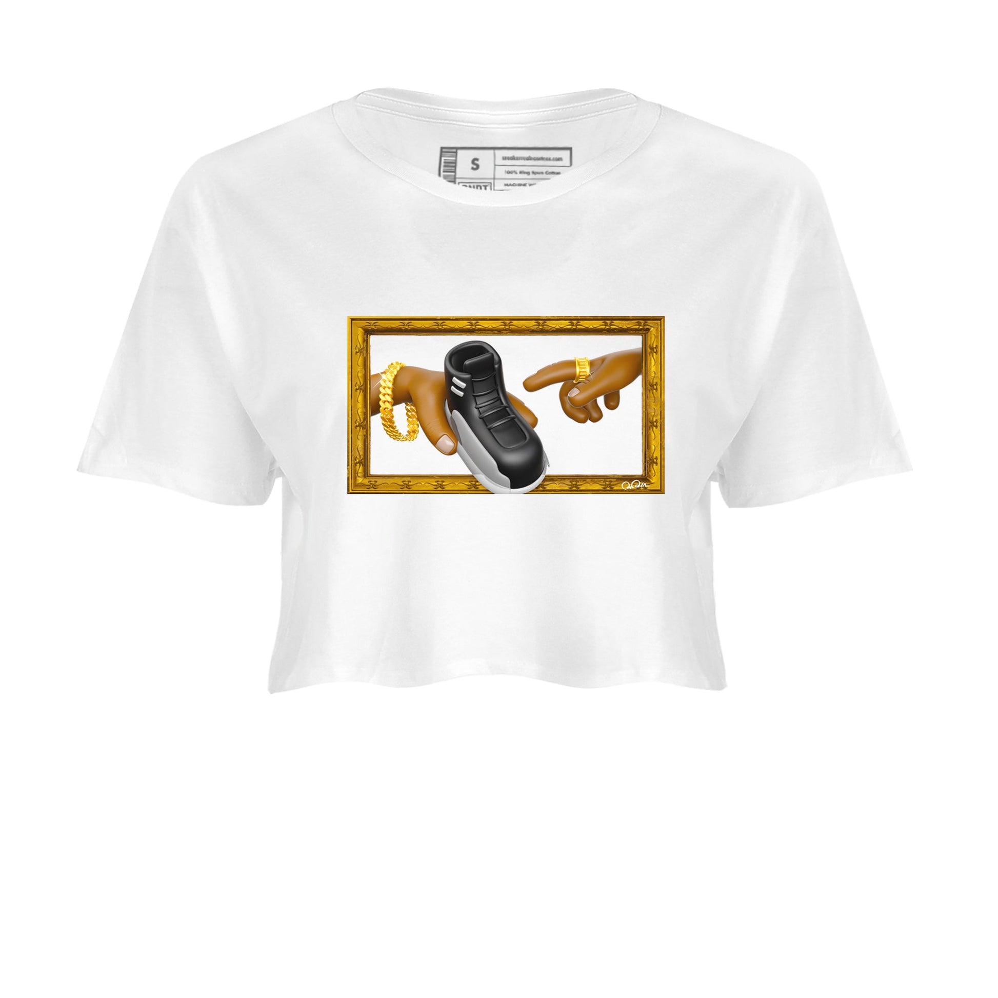 12s Black Wolf Grey shirts to match jordans The Creation Of Adam sneaker match tees Air Jordan 12 Barons match shoes to clothes SNRT Sneaker Tees unisex cotton White 2 crop tee