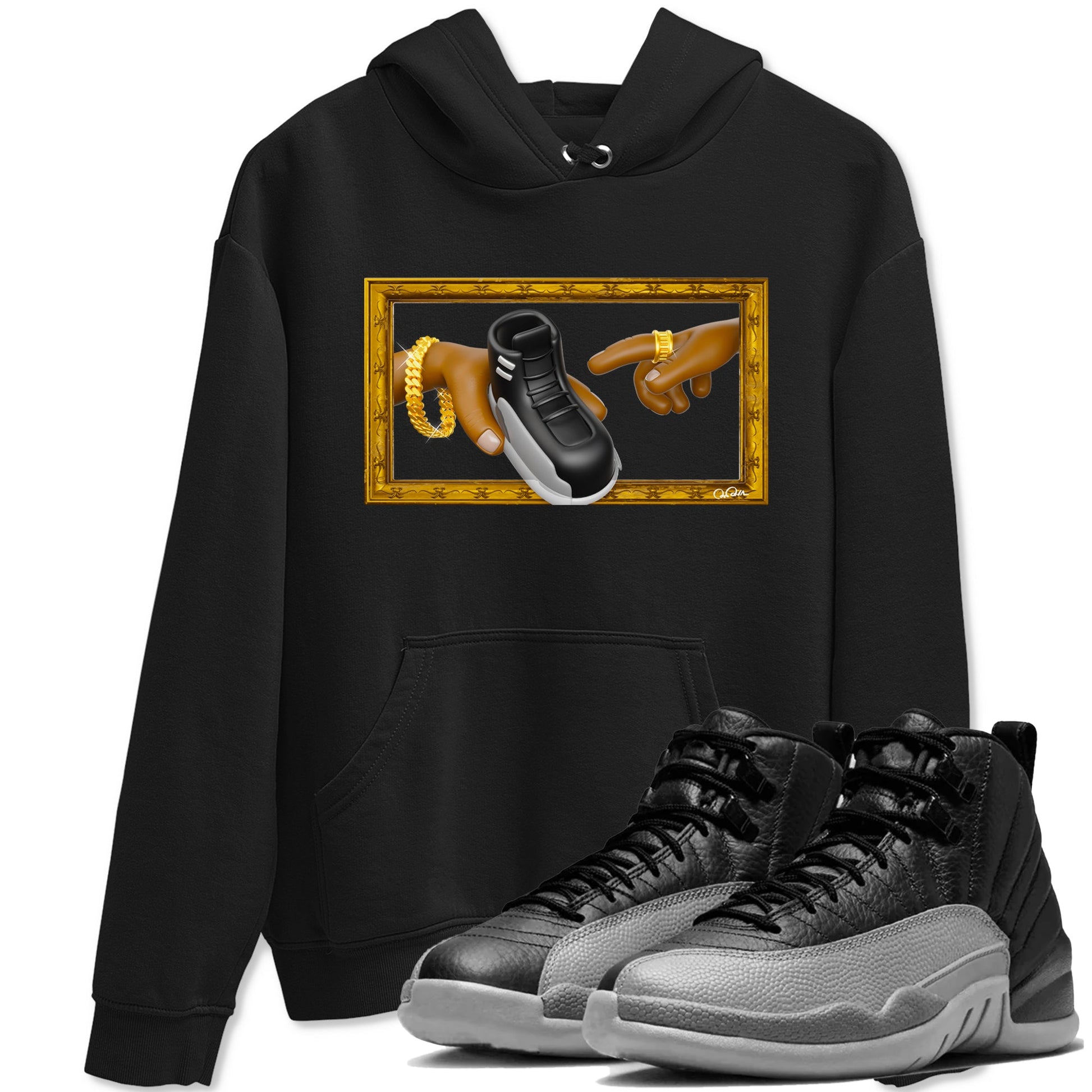 12s Black Wolf Grey shirts to match jordans The Creation Of Adam sneaker match tees Air Jordan 12 Barons match shoes to clothes SNRT Sneaker Tees unisex cotton Black 1 shirts