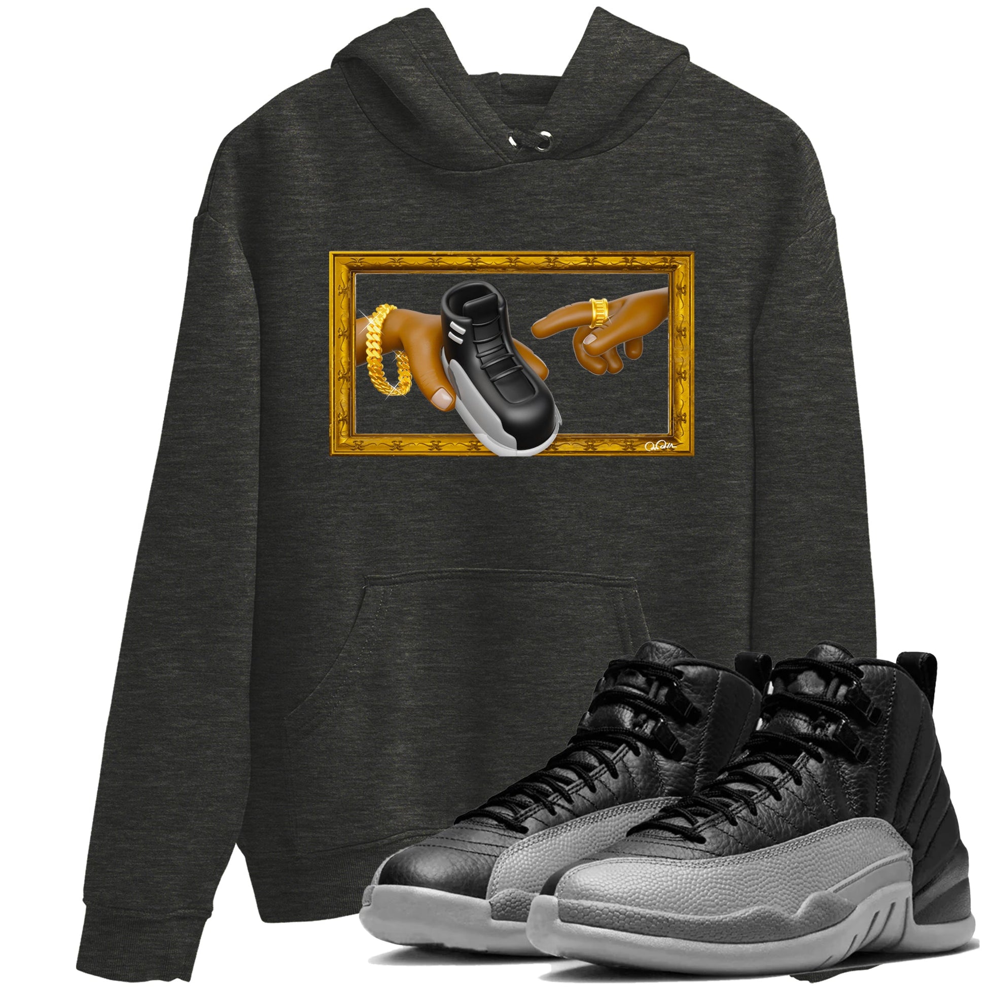 12s Black Wolf Grey shirts to match jordans The Creation Of Adam sneaker match tees Air Jordan 12 Barons match shoes to clothes SNRT Sneaker Tees unisex cotton Charcoal Heather 1 shirts