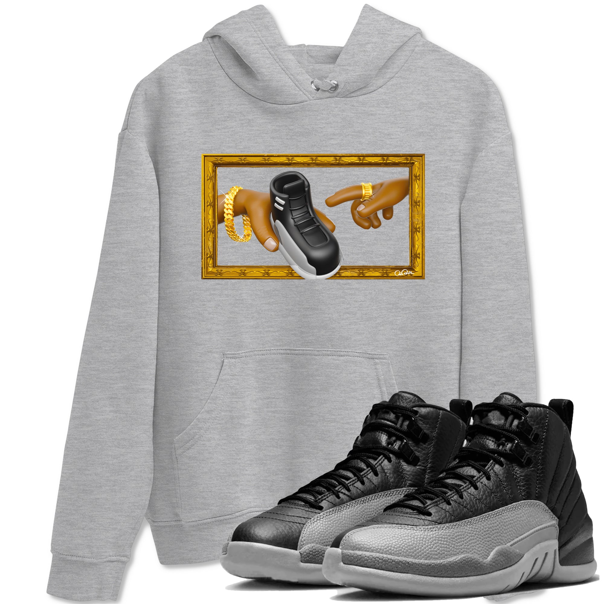 12s Black Wolf Grey shirts to match jordans The Creation Of Adam sneaker match tees Air Jordan 12 Barons match shoes to clothes SNRT Sneaker Tees unisex cotton Heather Grey 1 shirts