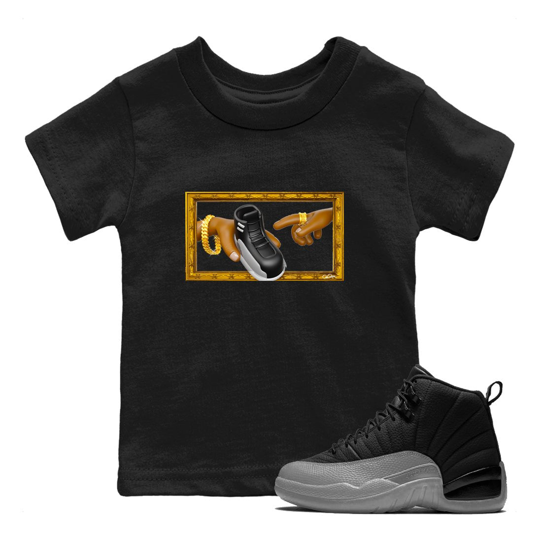 12s Black Wolf Grey shirts to match jordans The Creation Of Adam sneaker match tees Air Jordan 12 Barons match shoes to clothes SNRT Sneaker Tees Youth Baby Black 1 tee
