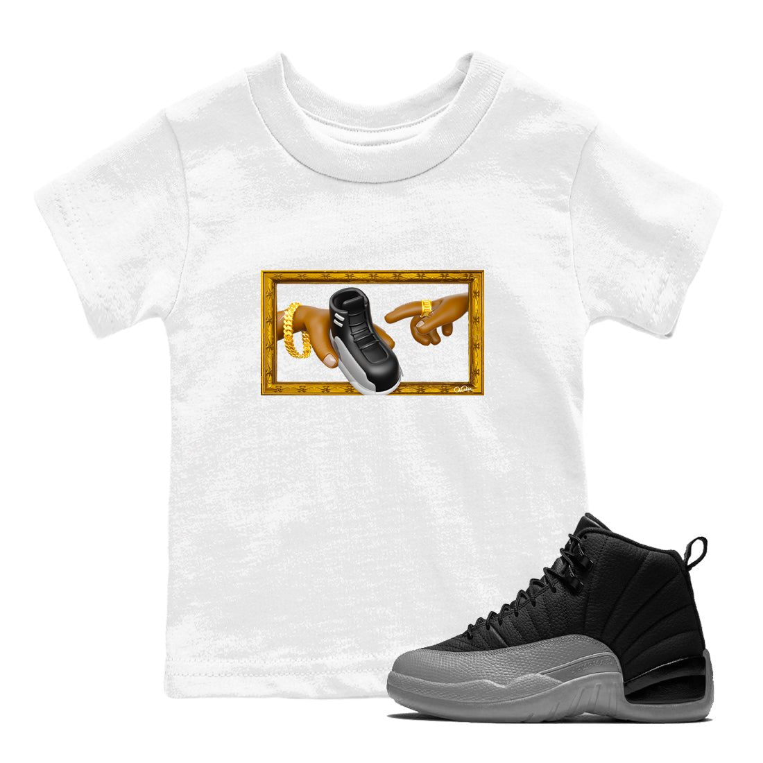 12s Black Wolf Grey shirts to match jordans The Creation Of Adam sneaker match tees Air Jordan 12 Barons match shoes to clothes SNRT Sneaker Tees Youth Baby White 1 tee