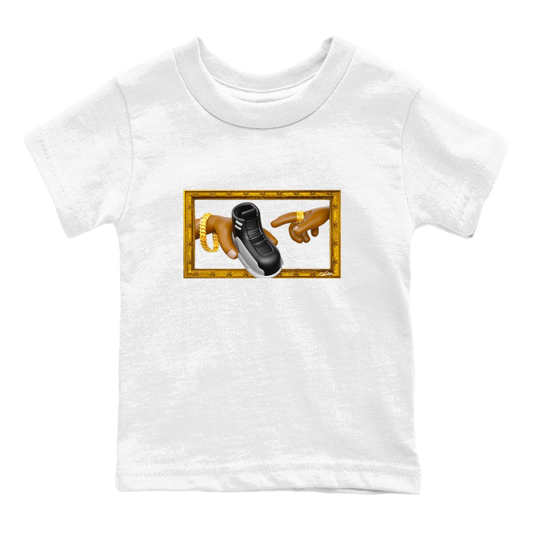 12s Black Wolf Grey shirts to match jordans The Creation Of Adam sneaker match tees Air Jordan 12 Barons match shoes to clothes SNRT Sneaker Tees Youth Baby White 2 tee