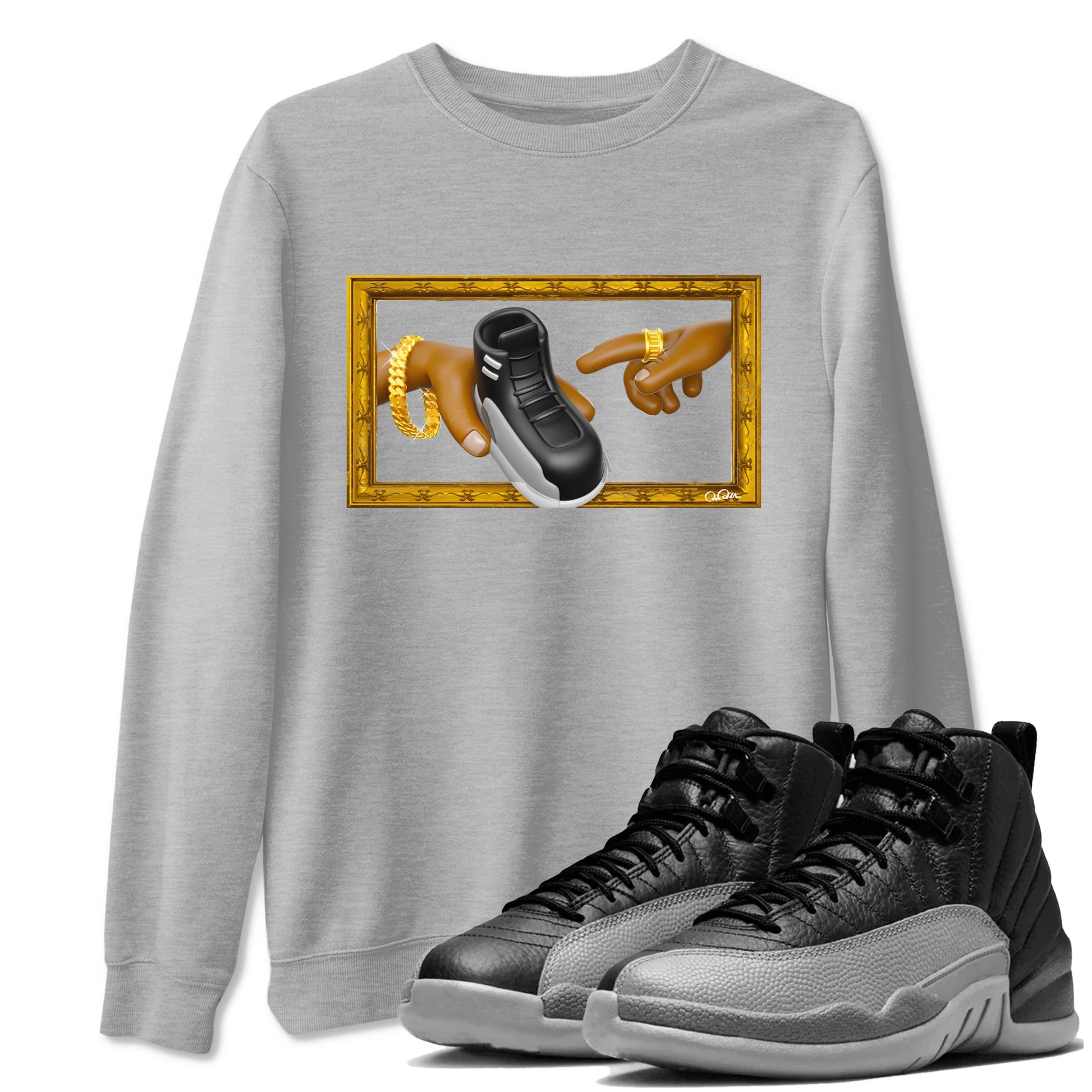12s Black Wolf Grey shirts to match jordans The Creation Of Adam sneaker match tees Air Jordan 12 Barons match shoes to clothes SNRT Sneaker Tees unisex cotton Heather Grey 1 shirts