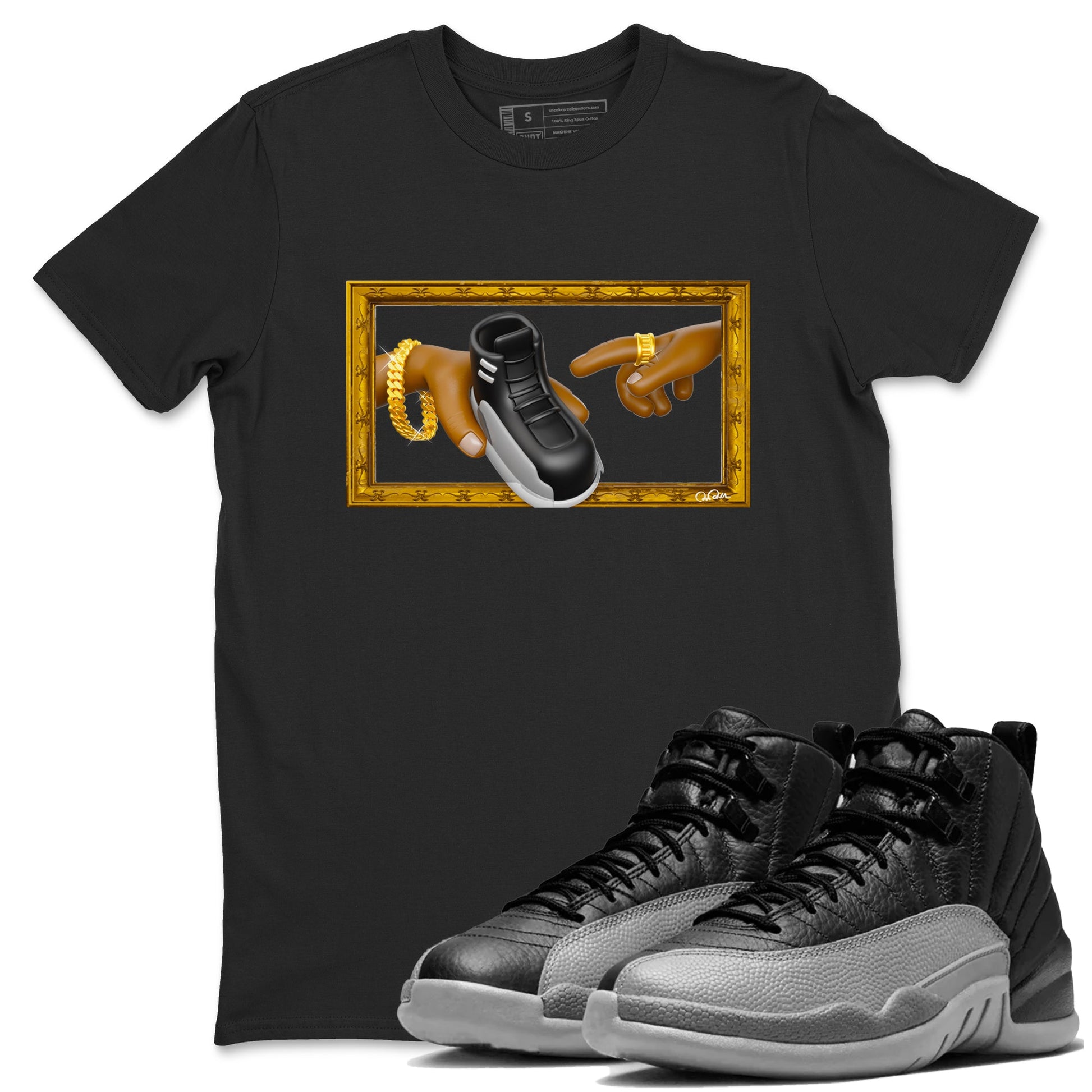 12s Black Wolf Grey shirts to match jordans The Creation Of Adam sneaker match tees Air Jordan 12 Barons match shoes to clothes SNRT Sneaker Tees unisex cotton Black 1 shirts