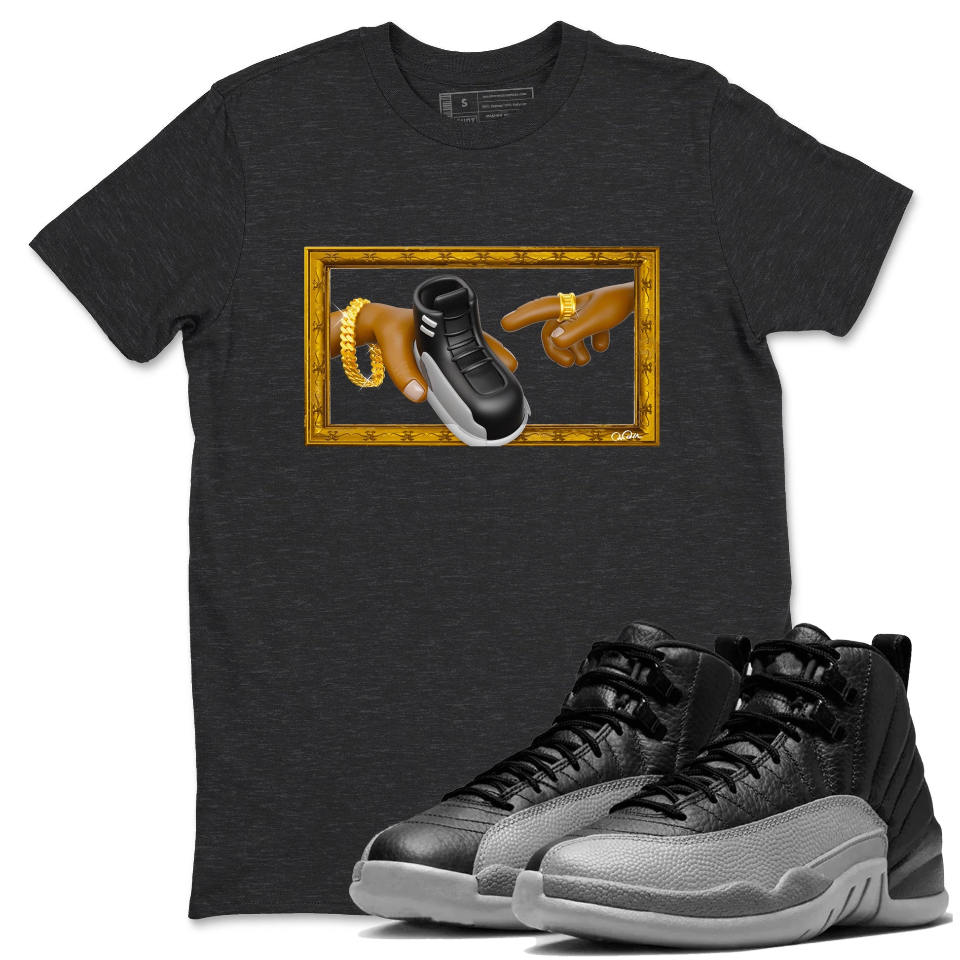 12s Black Wolf Grey shirts to match jordans The Creation Of Adam sneaker match tees Air Jordan 12 Barons match shoes to clothes SNRT Sneaker Tees unisex cotton Charcoal Heather 1 shirts
