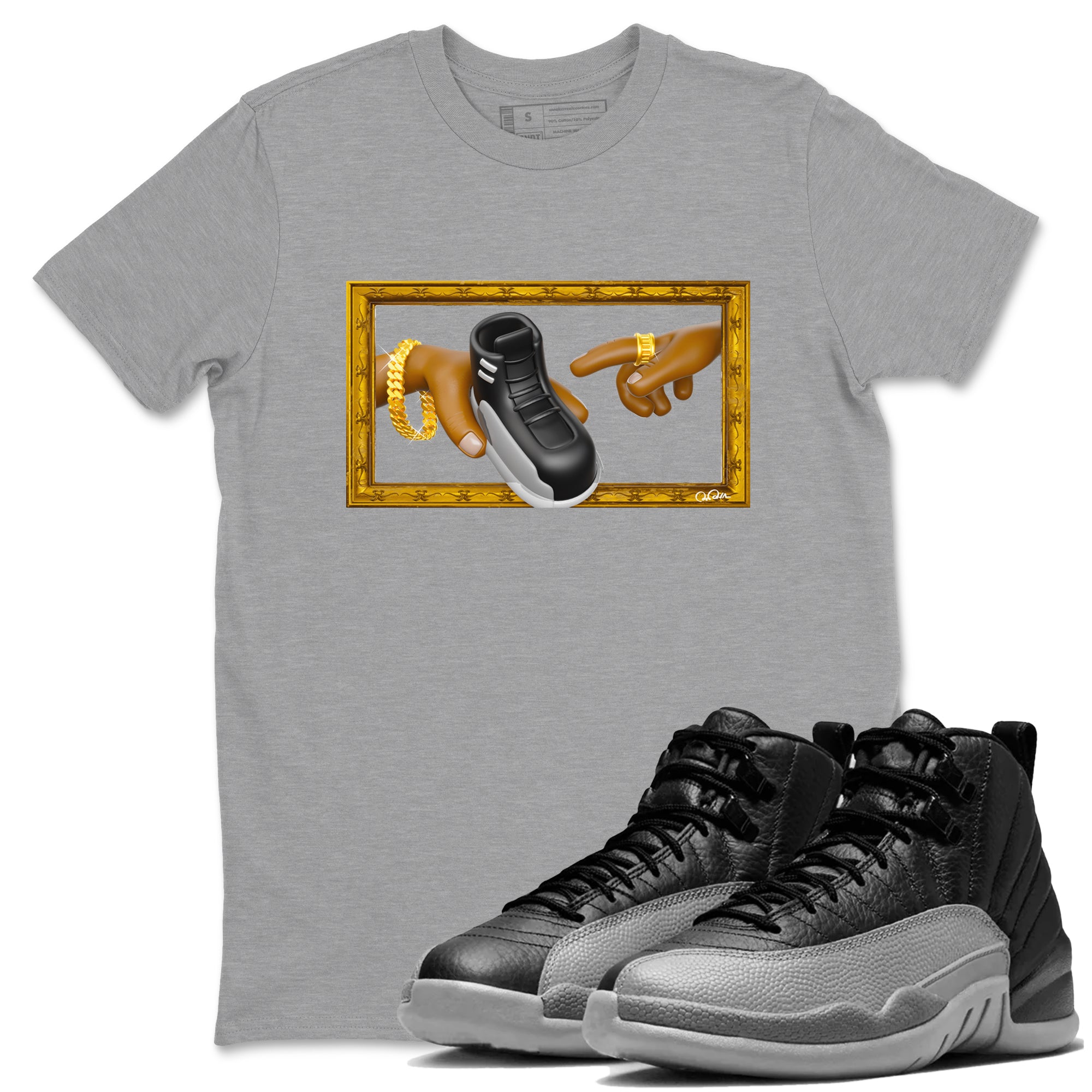 12s Black Wolf Grey shirts to match jordans The Creation Of Adam sneaker match tees Air Jordan 12 Barons match shoes to clothes SNRT Sneaker Tees unisex cotton Heather Grey 1 shirts