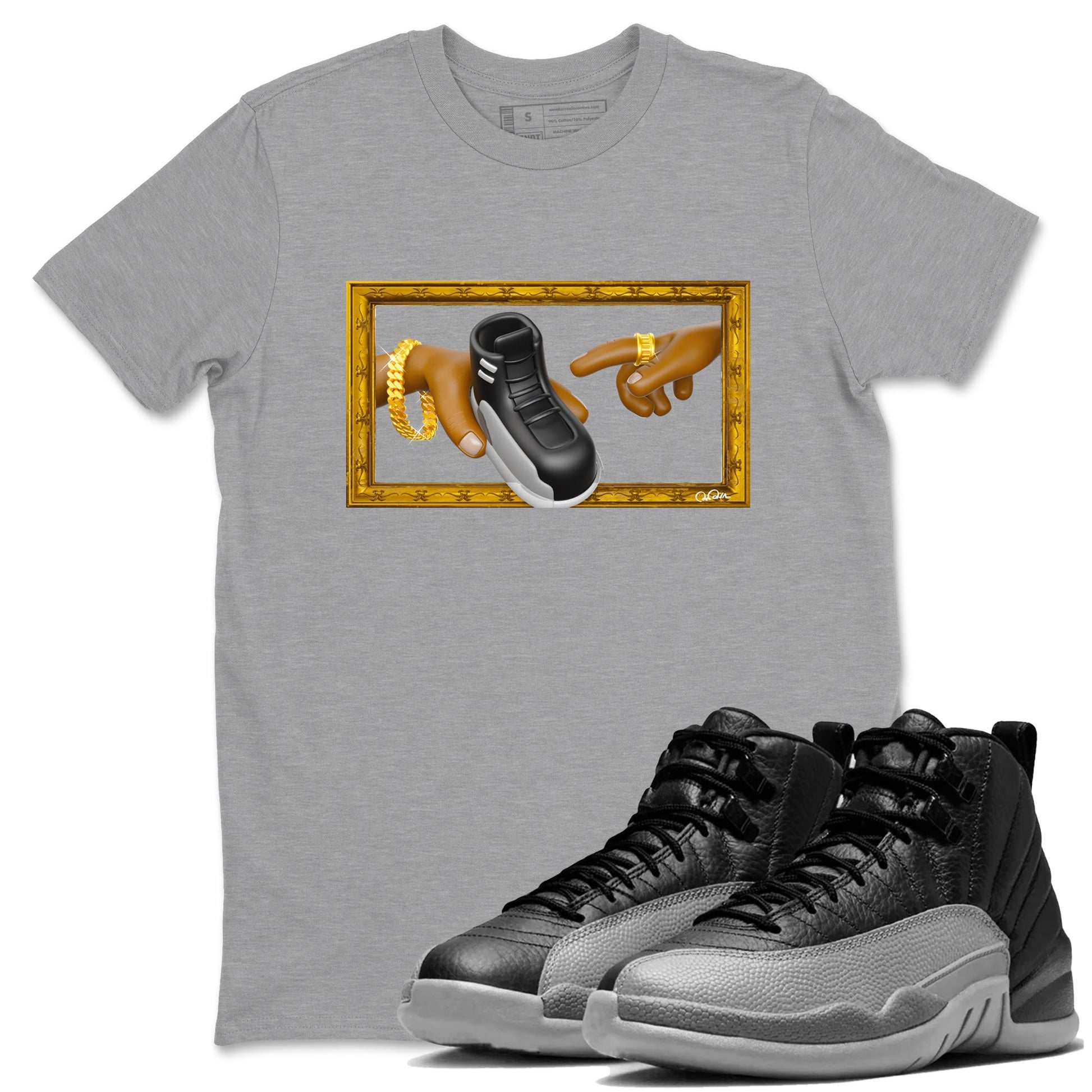 12s Black Wolf Grey shirts to match jordans The Creation Of Adam sneaker match tees Air Jordan 12 Barons match shoes to clothes SNRT Sneaker Tees unisex cotton Heather Grey 1 shirts