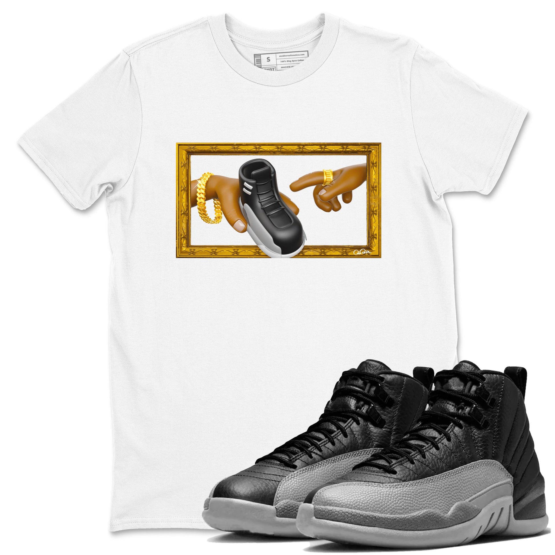12s Black Wolf Grey shirts to match jordans The Creation Of Adam sneaker match tees Air Jordan 12 Barons match shoes to clothes SNRT Sneaker Tees unisex cotton White 1 shirts