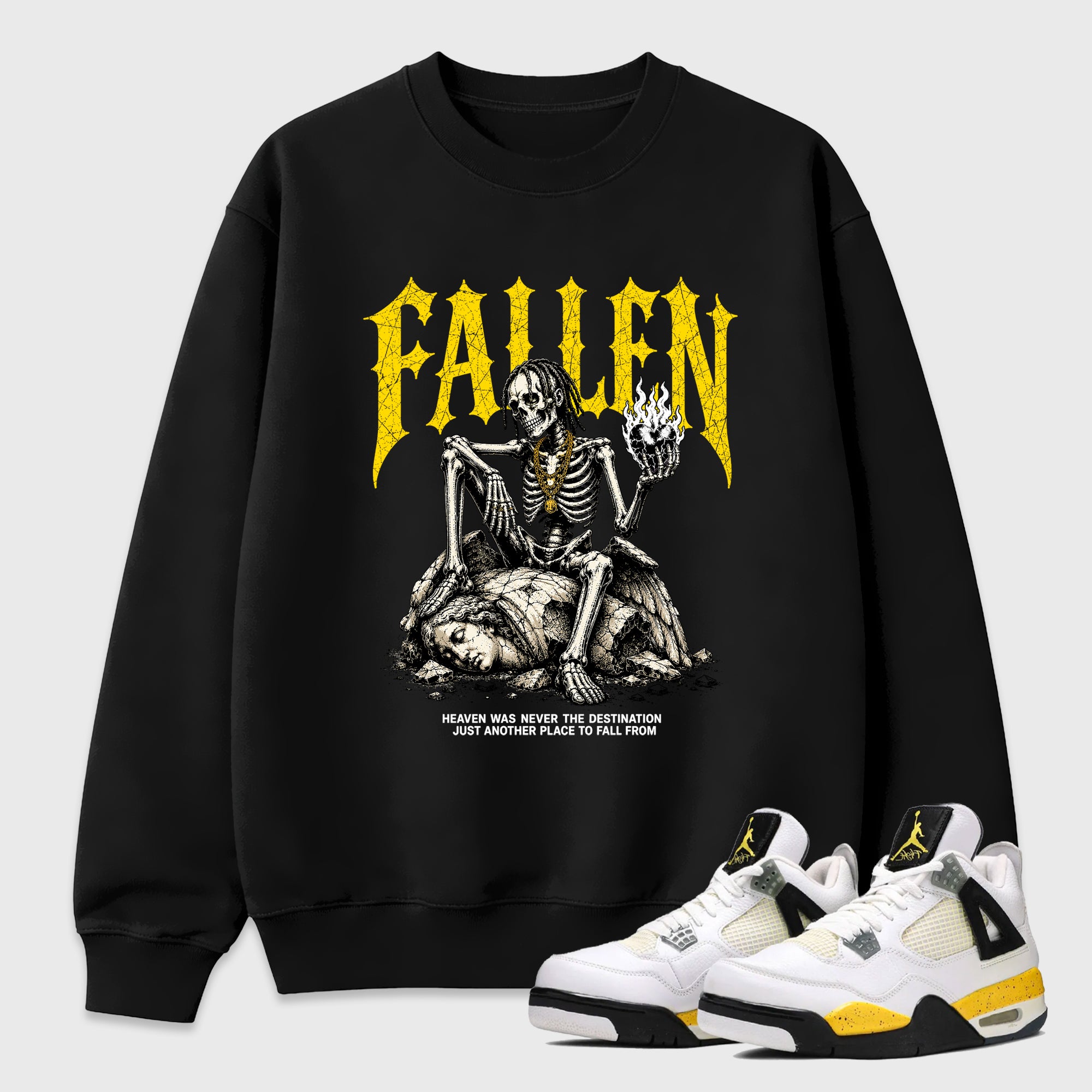 The Fallen Graphic T-Shirt featuring original streetwear artwork designed to match the Air Jordan 4 Tour Yellow. Black 1 Graphic Tee.