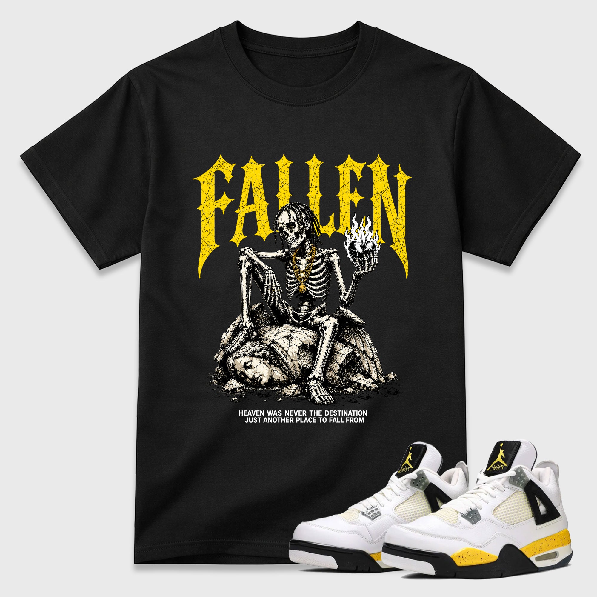 The Fallen Graphic T-Shirt featuring original streetwear artwork designed to match the Air Jordan 4 Tour Yellow. Black 1 Graphic T-Shirt.