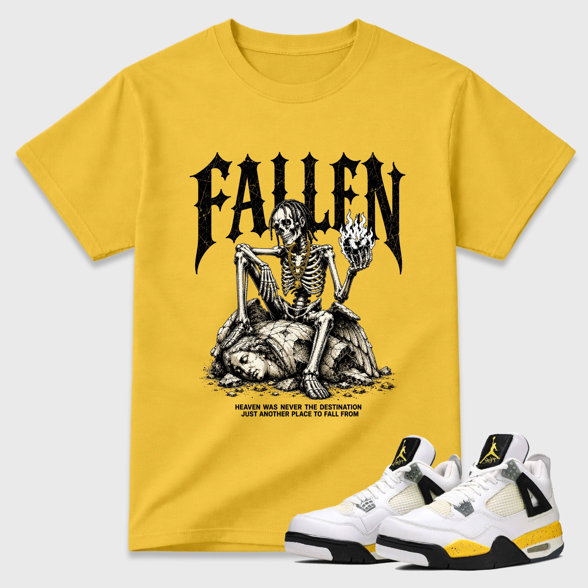 The Fallen Graphic T-Shirt featuring original streetwear artwork designed to match the Air Jordan 4 Tour Yellow. Daisy 1 Graphic T-Shirt.