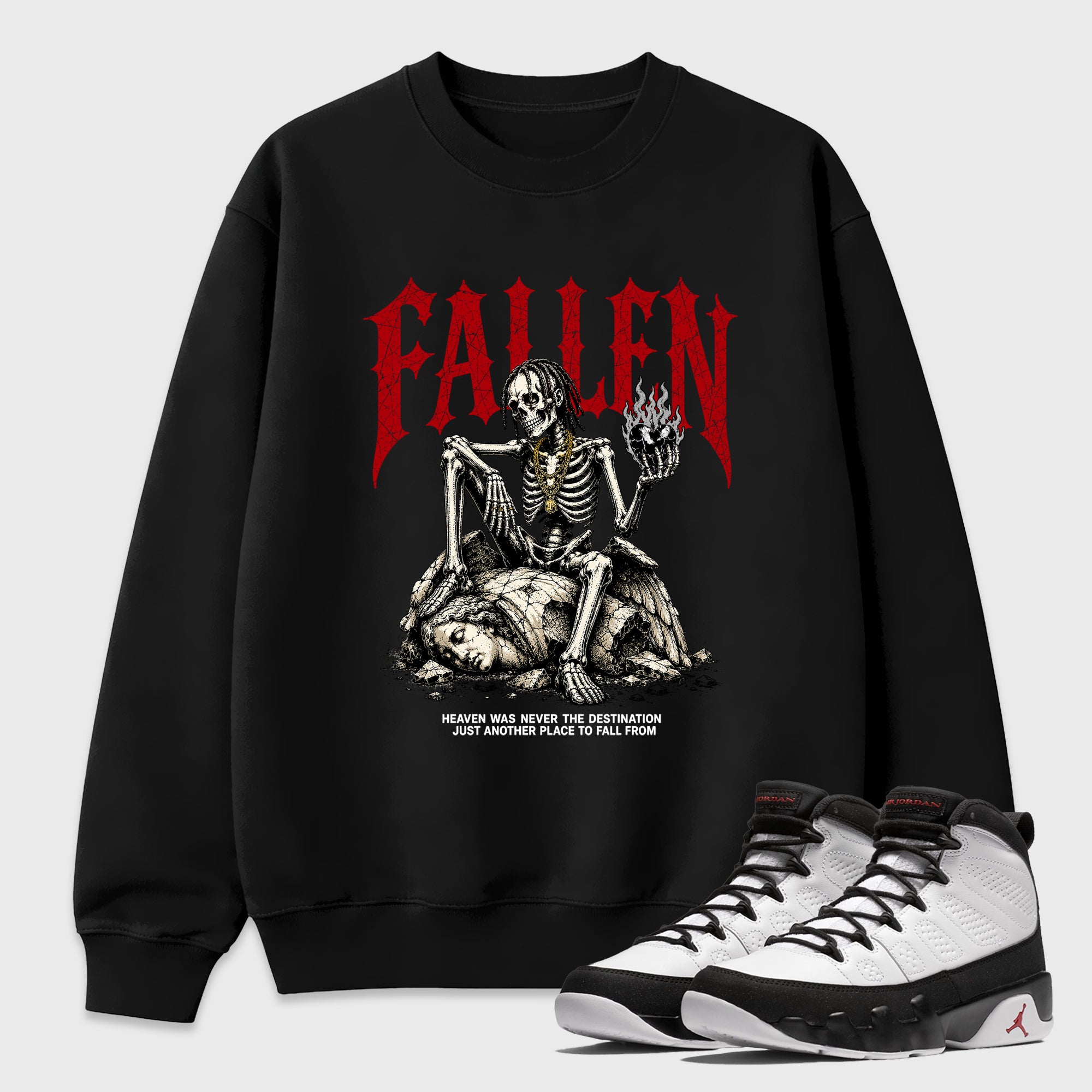 The Fallen Graphic T-Shirt featuring original streetwear artwork designed to match the Air Jordan 9 True Red. Black 1 Graphic Tee.