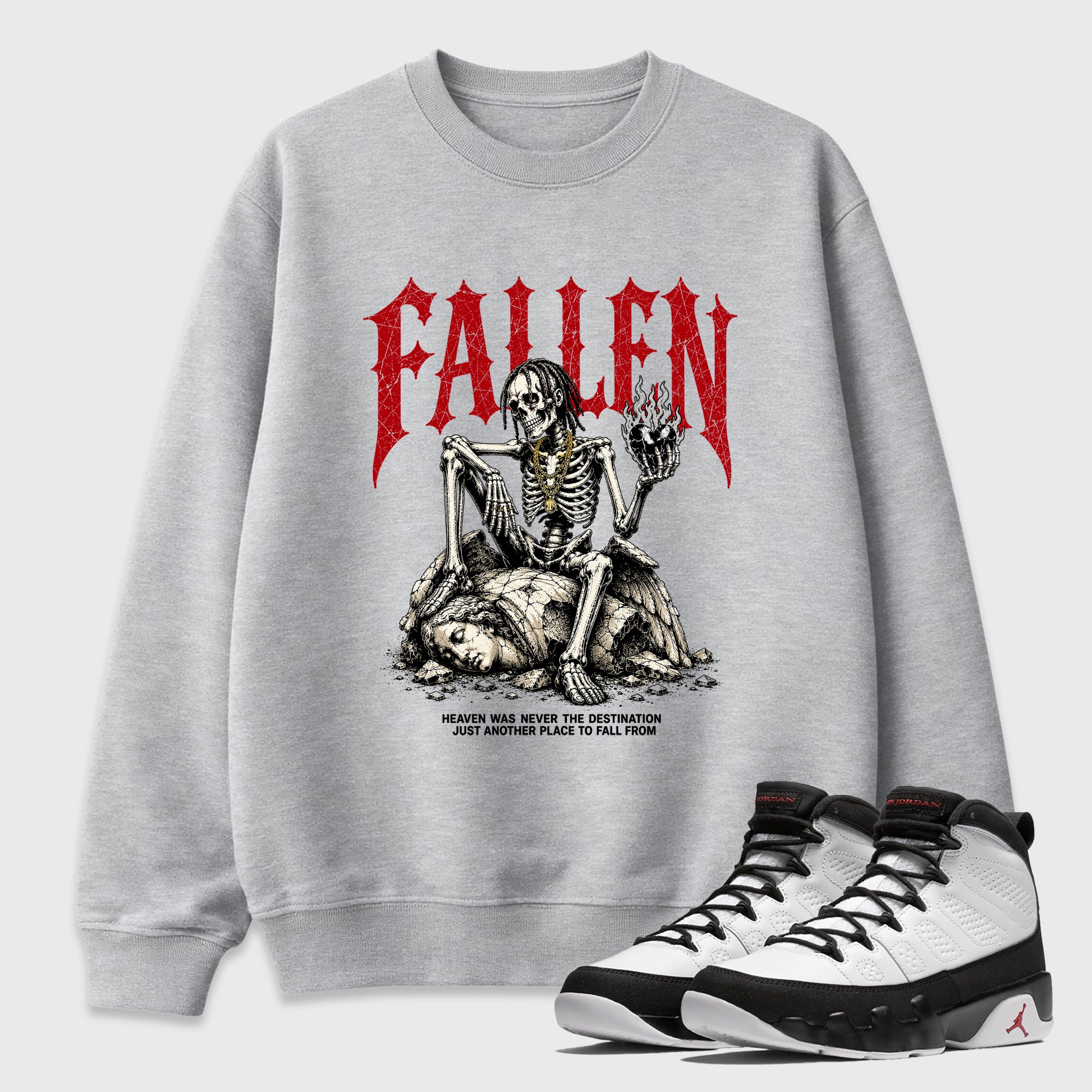 The Fallen Graphic T-Shirt featuring original streetwear artwork designed to match the Air Jordan 9 True Red. Heather Grey 1 Graphic Tee.