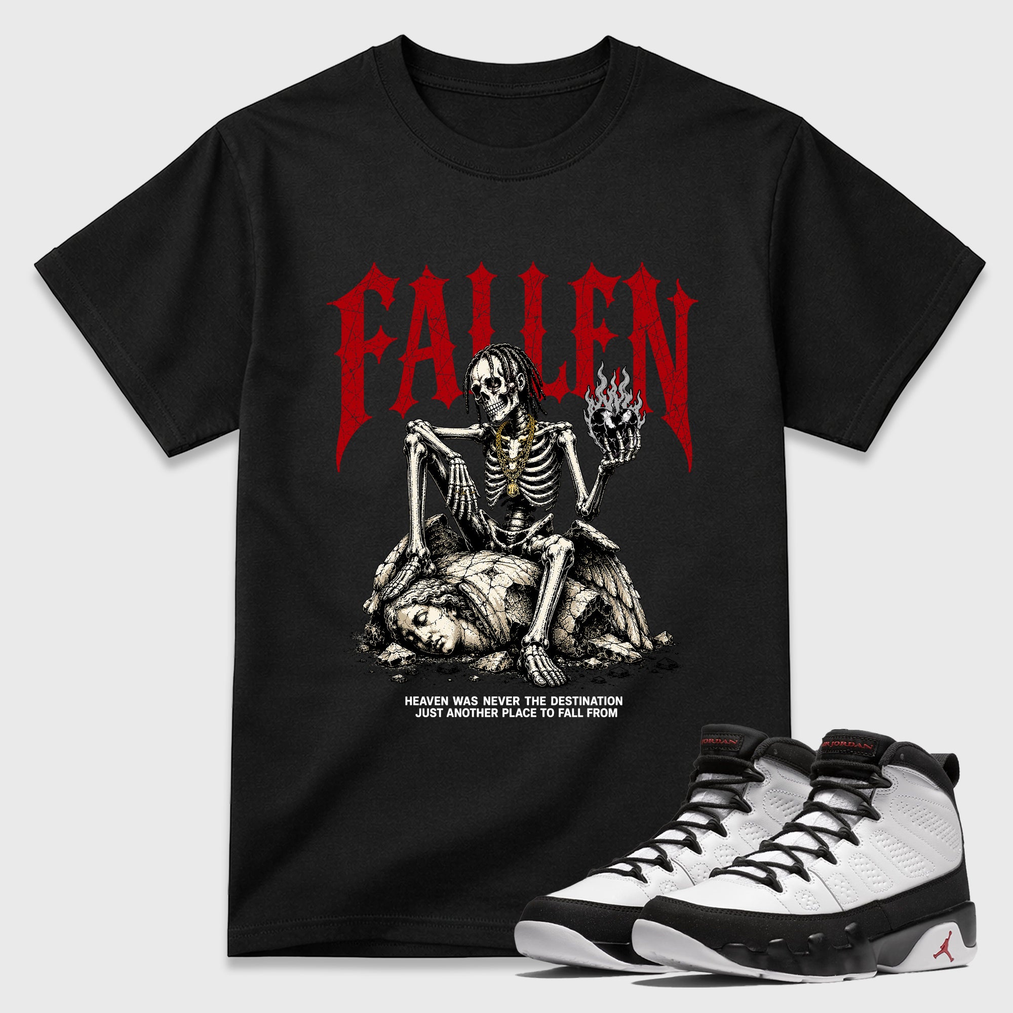 The Fallen Graphic T-Shirt featuring original streetwear artwork designed to match the Air Jordan 9 True Red. Black 1 Graphic T-Shirt.