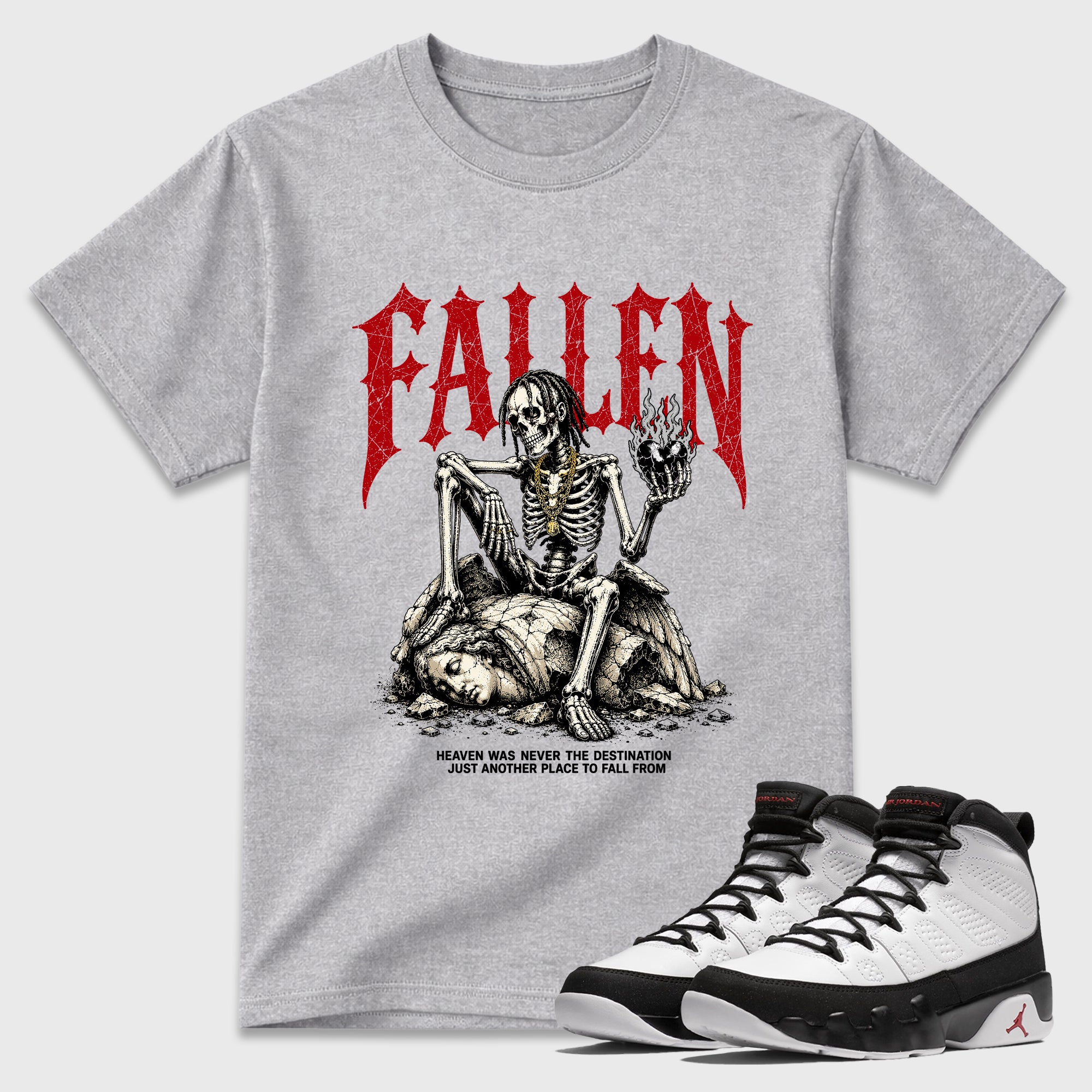 The Fallen Graphic T-Shirt featuring original streetwear artwork designed to match the Air Jordan 9 True Red. Heather Grey 1 Graphic T-Shirt.