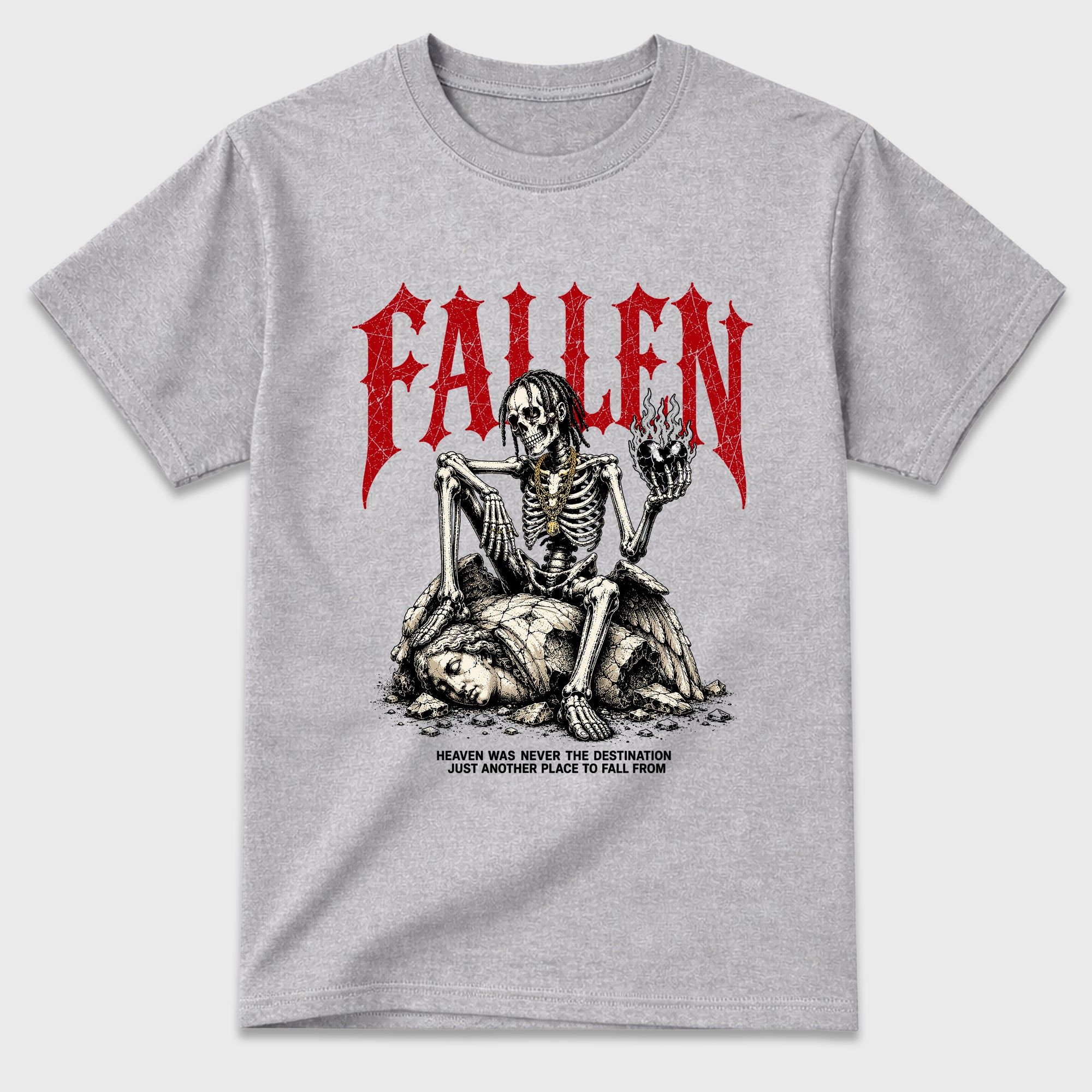 The Fallen Graphic T-Shirt featuring original streetwear artwork designed to match the Air Jordan 9 True Red. Heather Grey 2 Graphic T-Shirt.