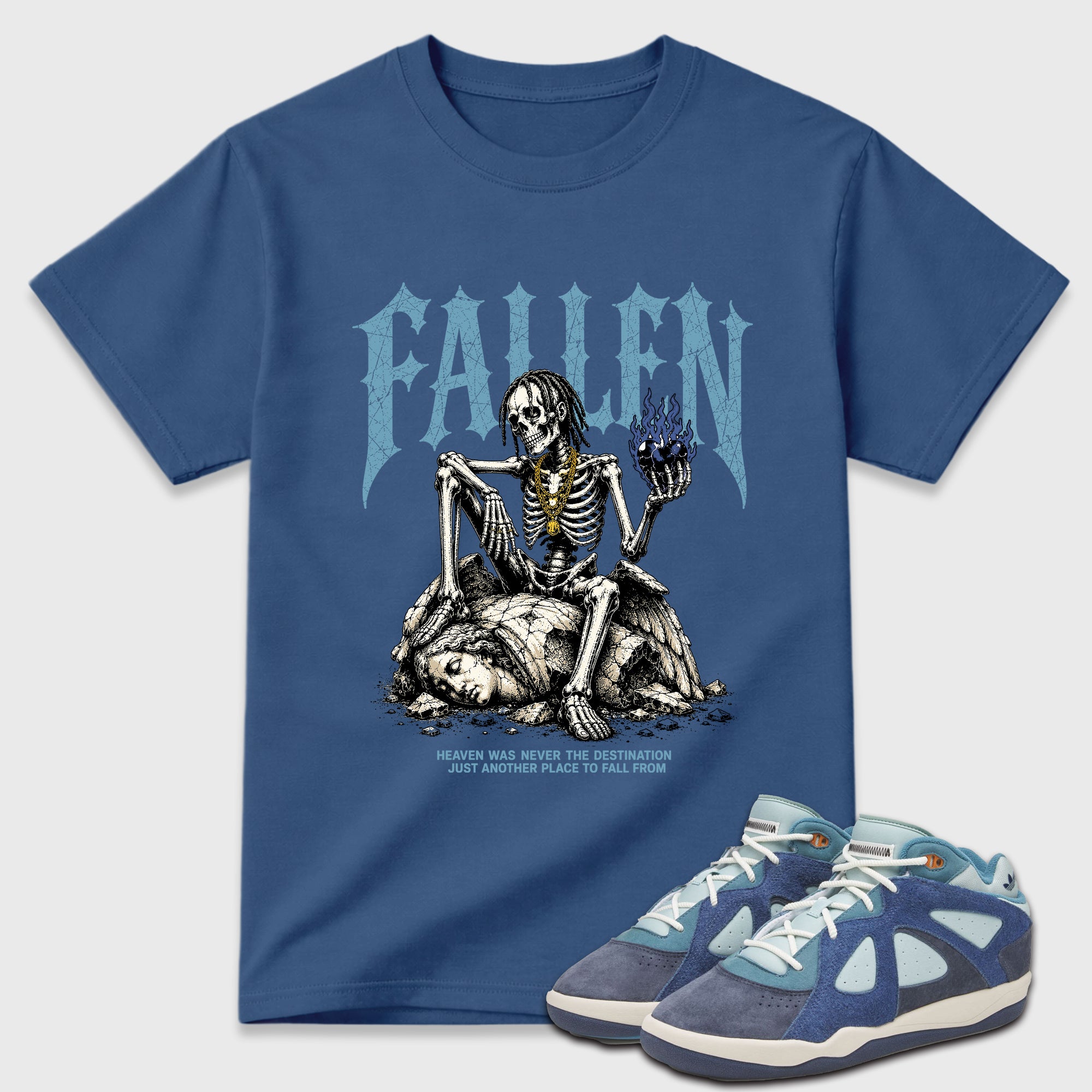 The Fallen Graphic T-Shirt featuring original streetwear artwork designed to match the Badbo 1.0 Night Navy. Denim Blue 1 Graphic T-Shirt.