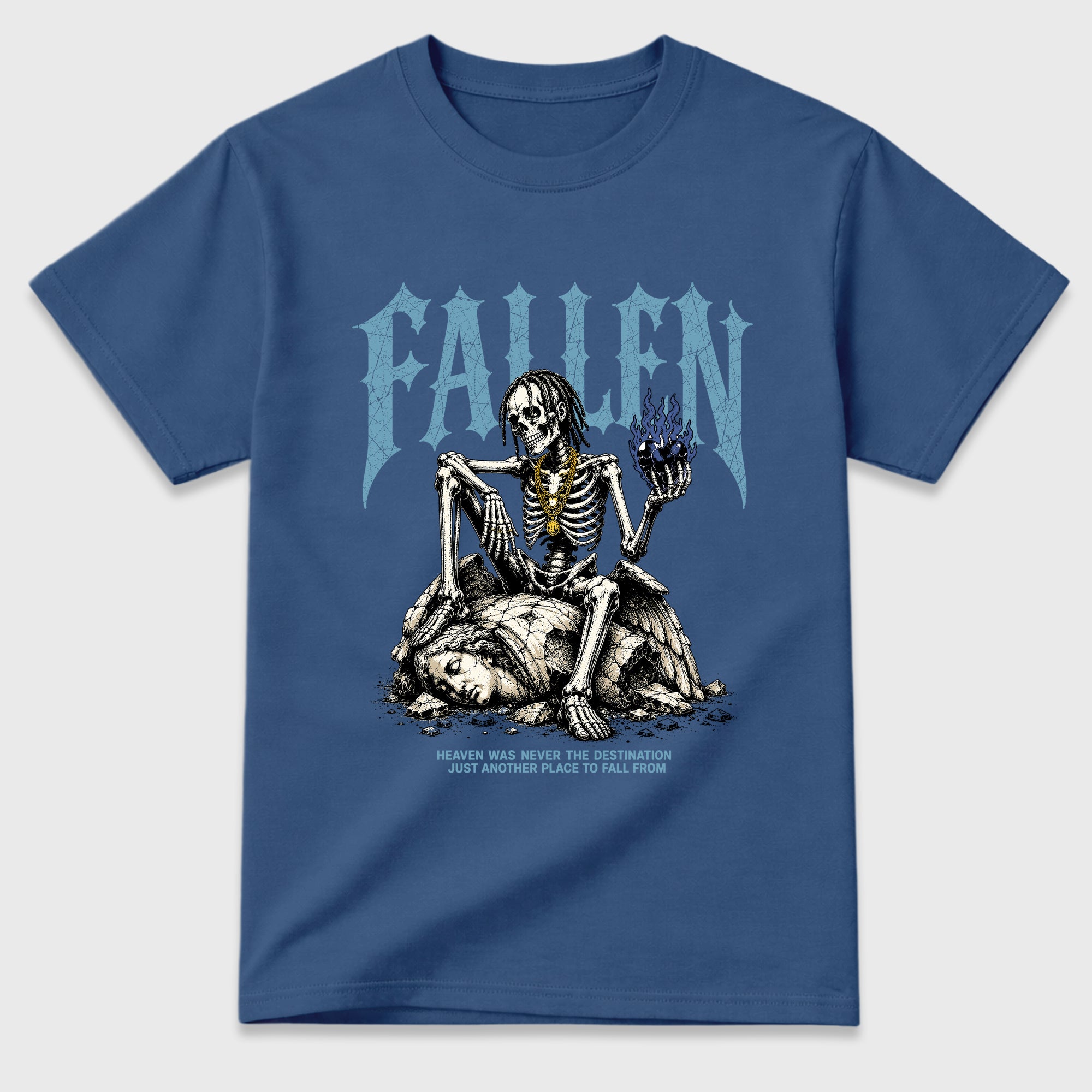 The Fallen Graphic T-Shirt featuring original streetwear artwork designed to match the Badbo 1.0 Night Navy. Denim Blue 2 Graphic T-Shirt.