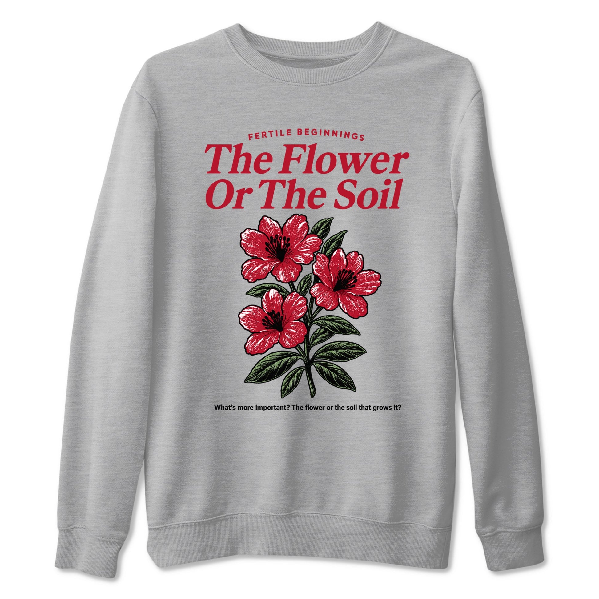 The Flower Or The Soil sneaker match t-shirt styled to complete your fit with the Air Jordan 1 Ruby sneakers, shown in Heather Grey 2.