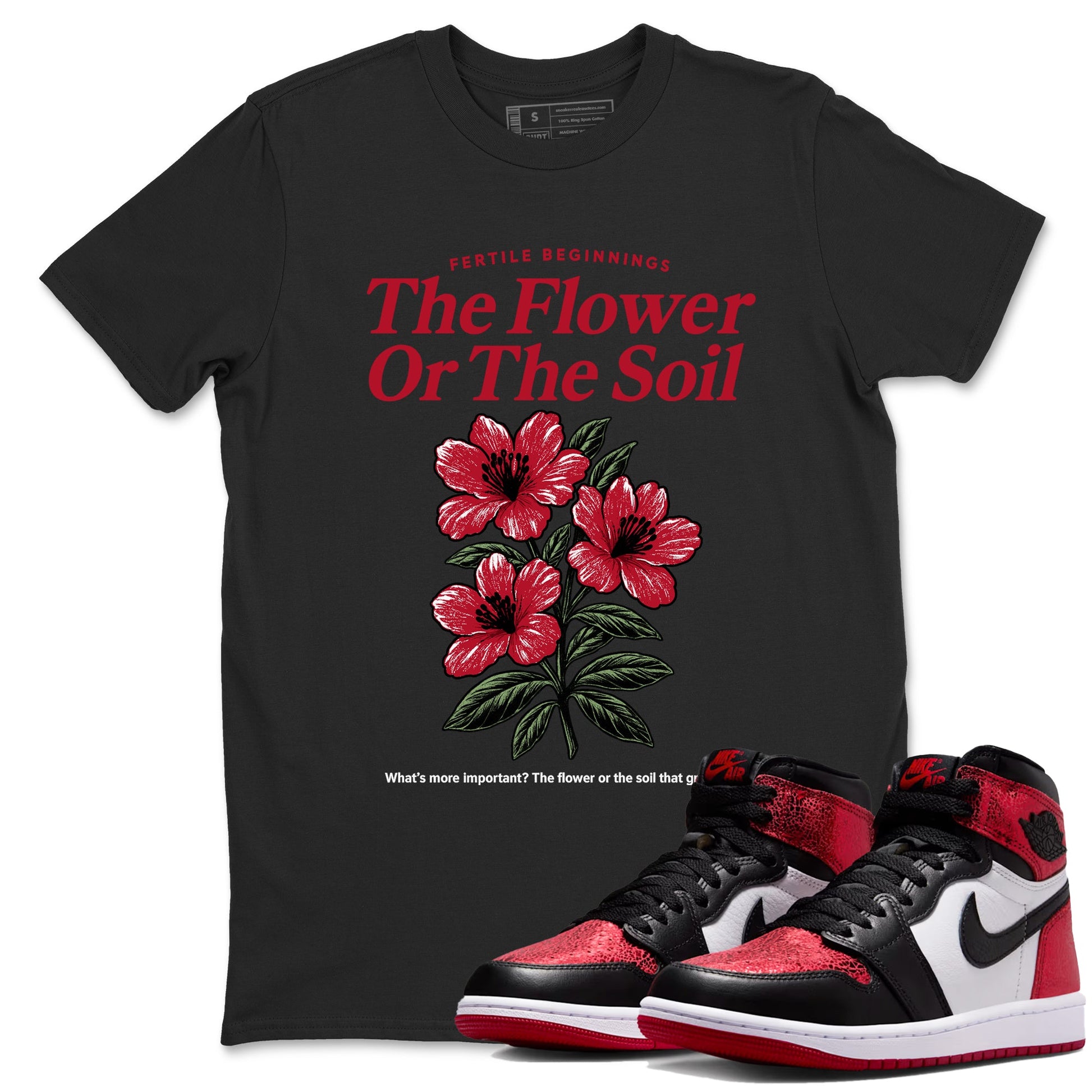 The Flower Or The Soil sneaker match t-shirt styled to complete your fit with the Air Jordan 1 Ruby sneakers, shown in Black 1.