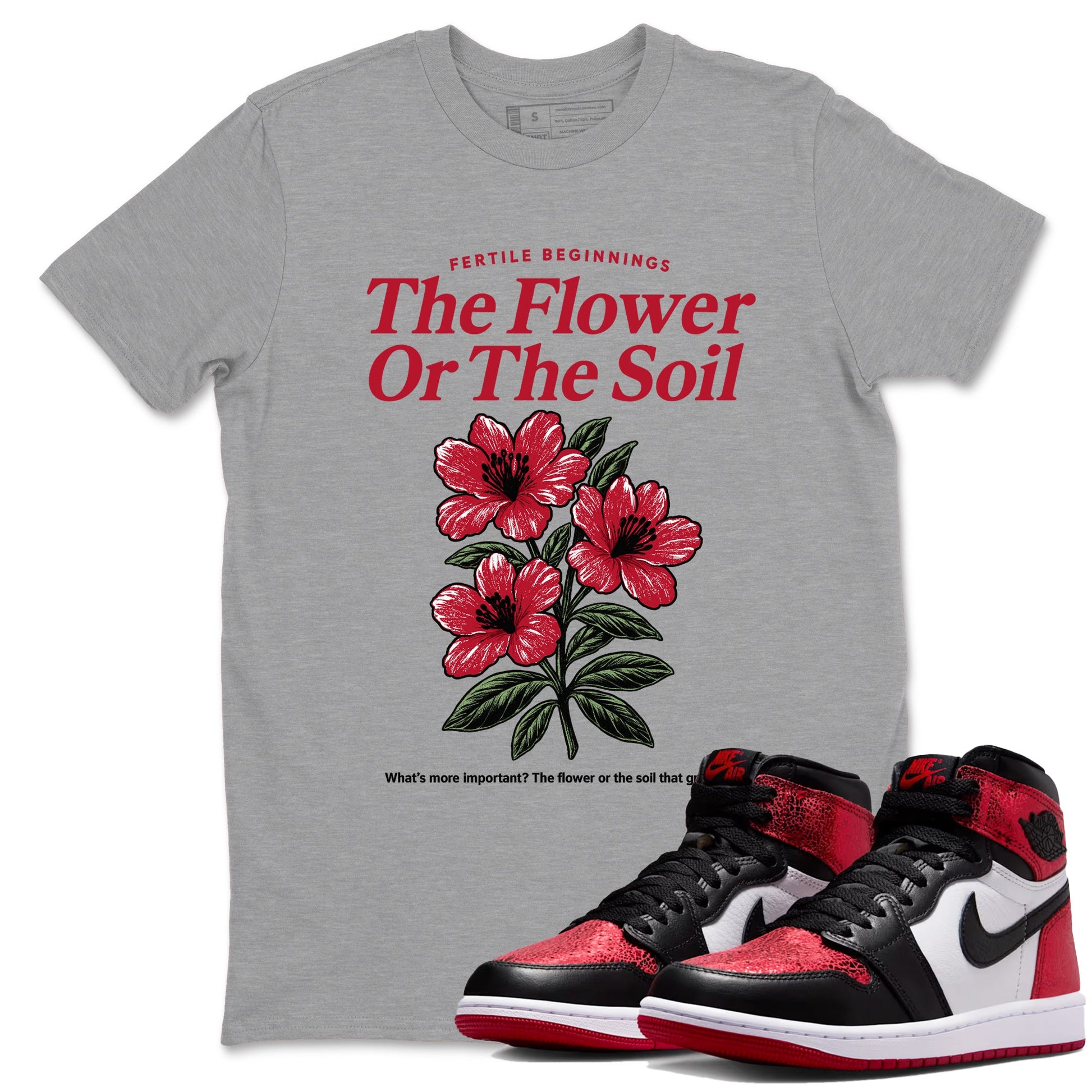 The Flower Or The Soil sneaker match t-shirt styled to complete your fit with the Air Jordan 1 Ruby sneakers, shown in Heather Grey 1.
