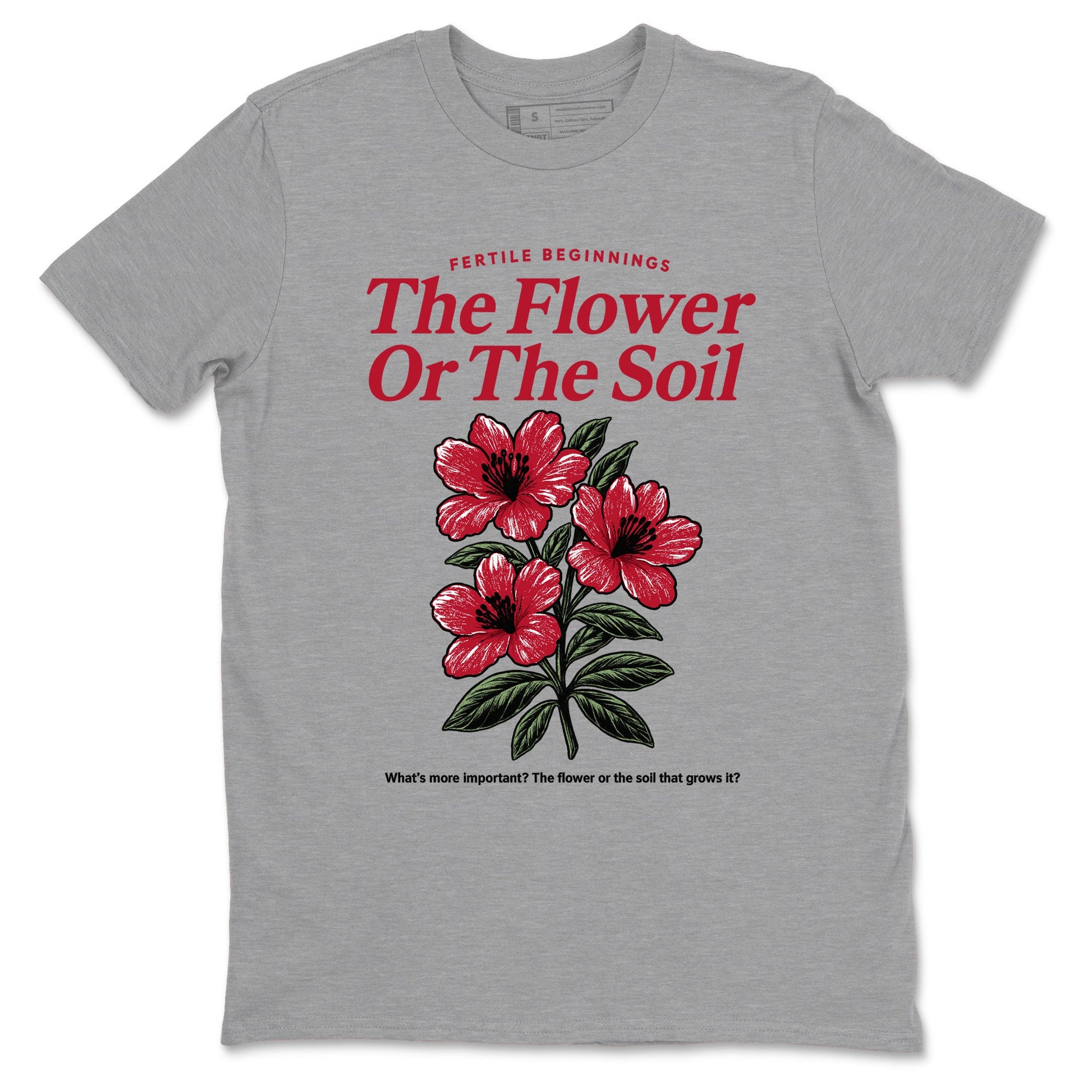 The Flower Or The Soil sneaker match t-shirt styled to complete your fit with the Air Jordan 1 Ruby sneakers, shown in Heather Grey 2.