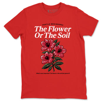 The Flower Or The Soil sneaker match t-shirt styled to complete your fit with the Air Jordan 1 Ruby sneakers, shown in Red 2.