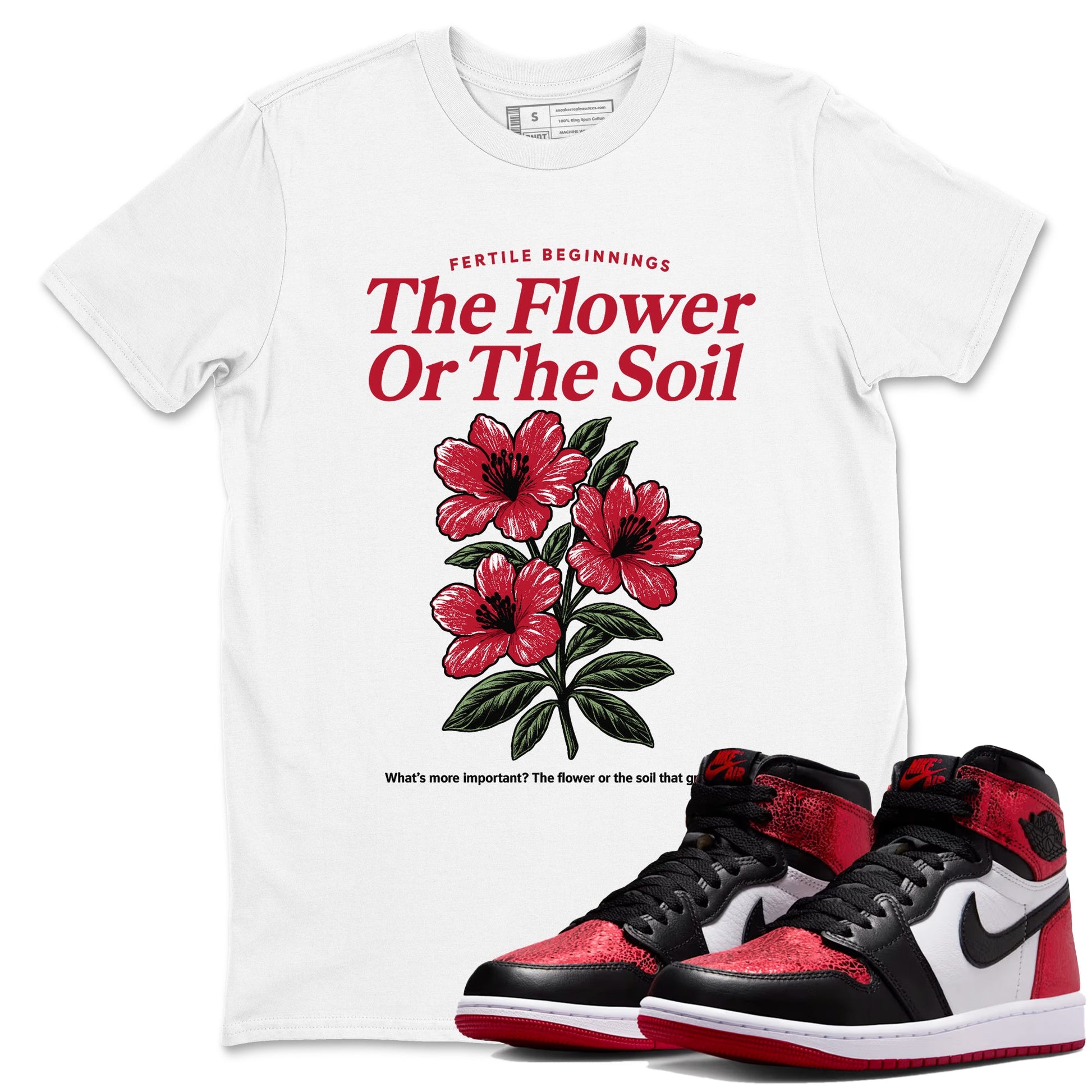The Flower Or The Soil sneaker match t-shirt styled to complete your fit with the Air Jordan 1 Ruby sneakers, shown in White 1.