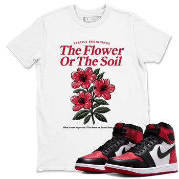 The Flower Or The Soil sneaker match t-shirt styled to complete your fit with the Air Jordan 1 Ruby sneakers, shown in White 1.