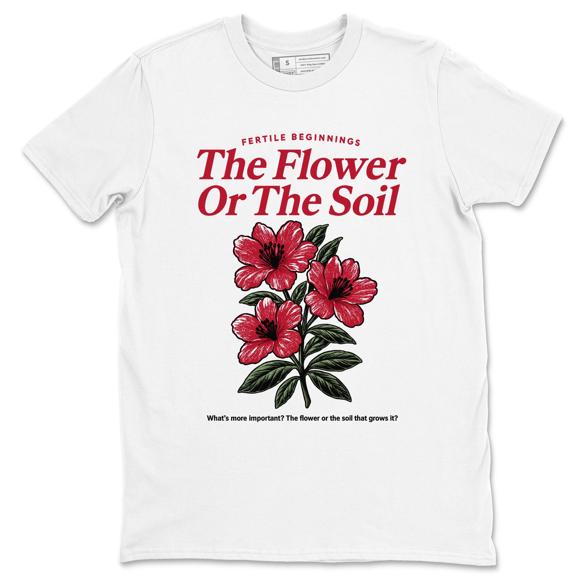 The Flower Or The Soil sneaker match t-shirt styled to complete your fit with the Air Jordan 1 Ruby sneakers, shown in White 2.