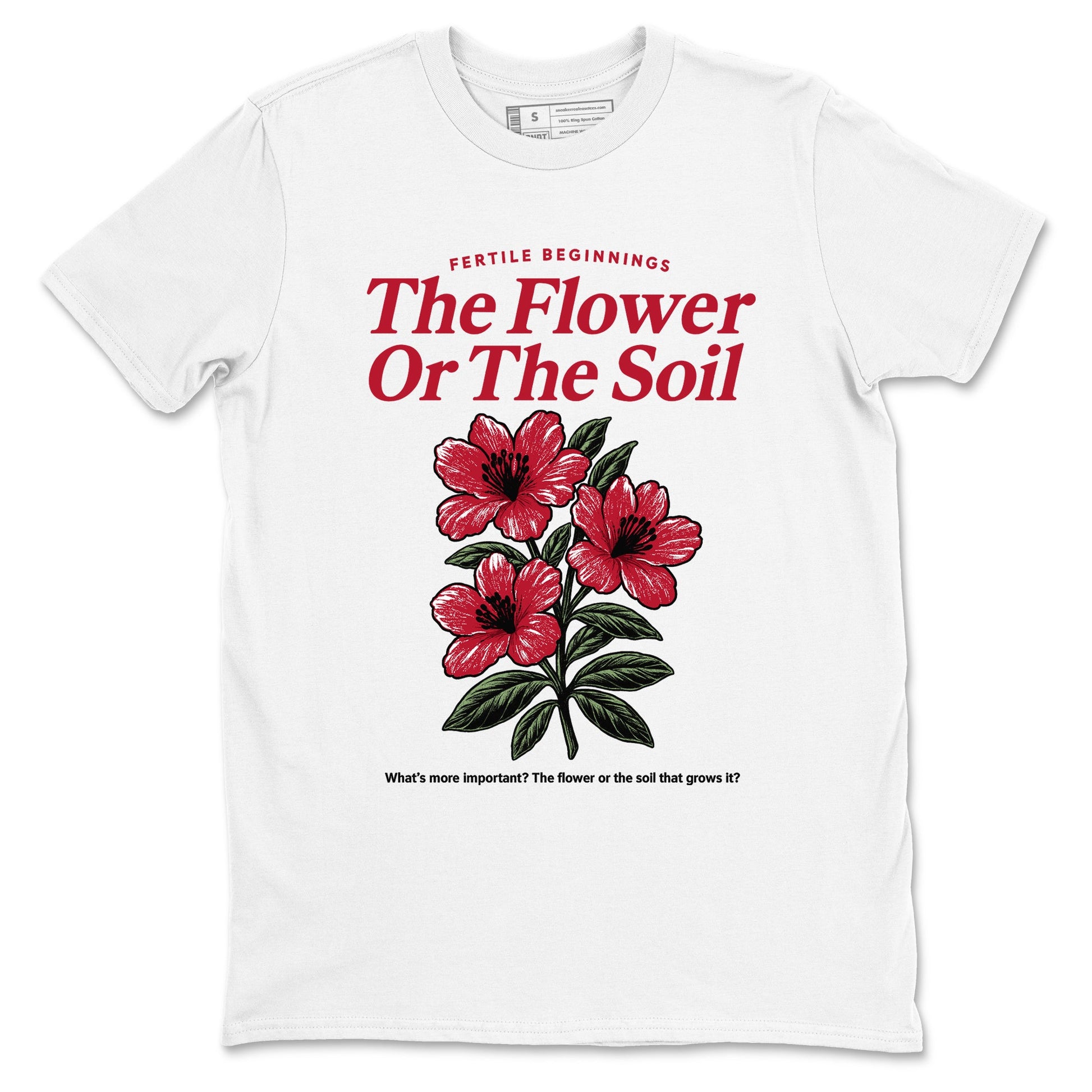 The Flower Or The Soil sneaker match t-shirt styled to complete your fit with the Air Jordan 1 Ruby sneakers, shown in White 2.