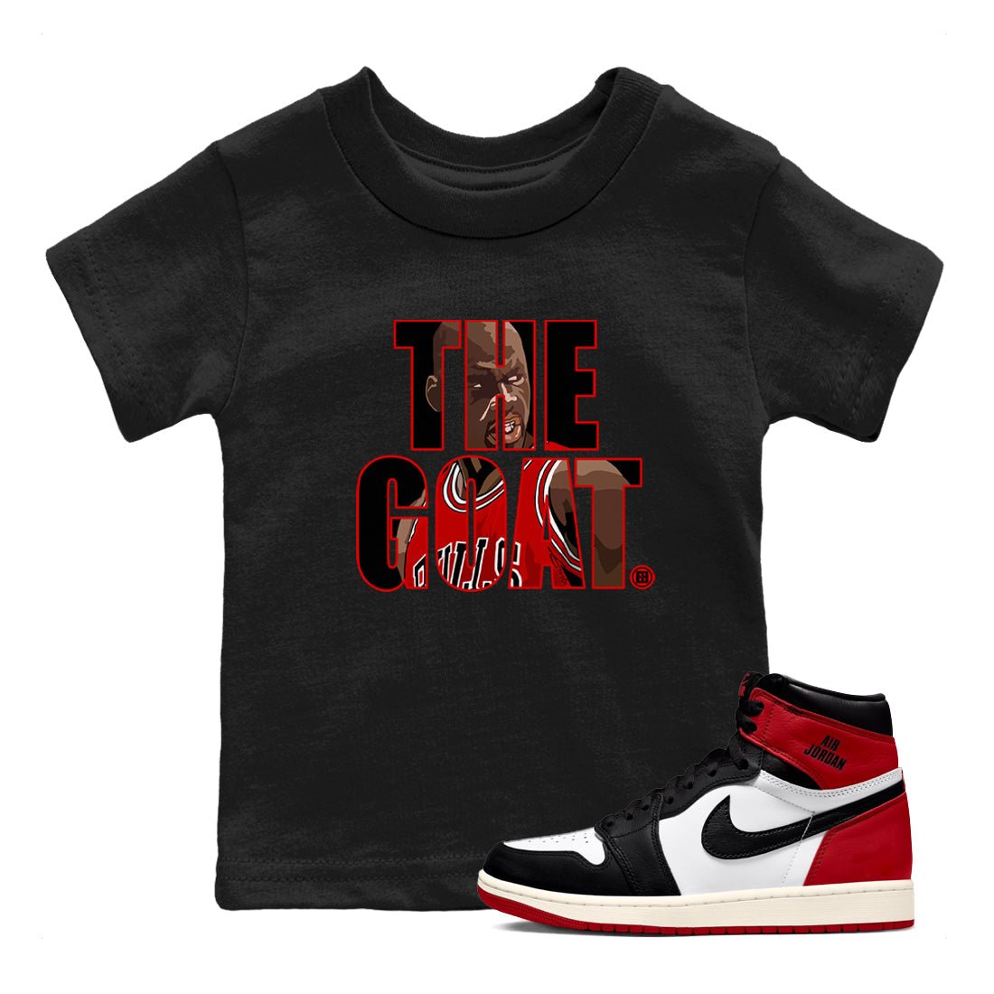 1s Black Toe Reimagined shirts to match jordans The Goat sneaker match tees Air Jordan 1 Black Toe Reimagined match shoes to clothes SNRT Sneaker Tees Youth Baby Black 1 tee