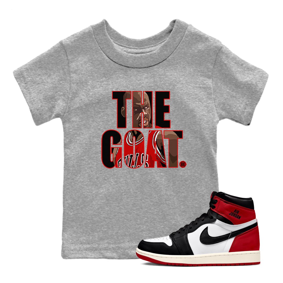 1s Black Toe Reimagined shirts to match jordans The Goat sneaker match tees Air Jordan 1 Black Toe Reimagined match shoes to clothes SNRT Sneaker Tees Youth Baby Heather Grey 1 tee