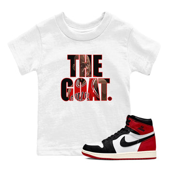 1s Black Toe Reimagined shirts to match jordans The Goat sneaker match tees Air Jordan 1 Black Toe Reimagined match shoes to clothes SNRT Sneaker Tees Youth Baby White 1 tee