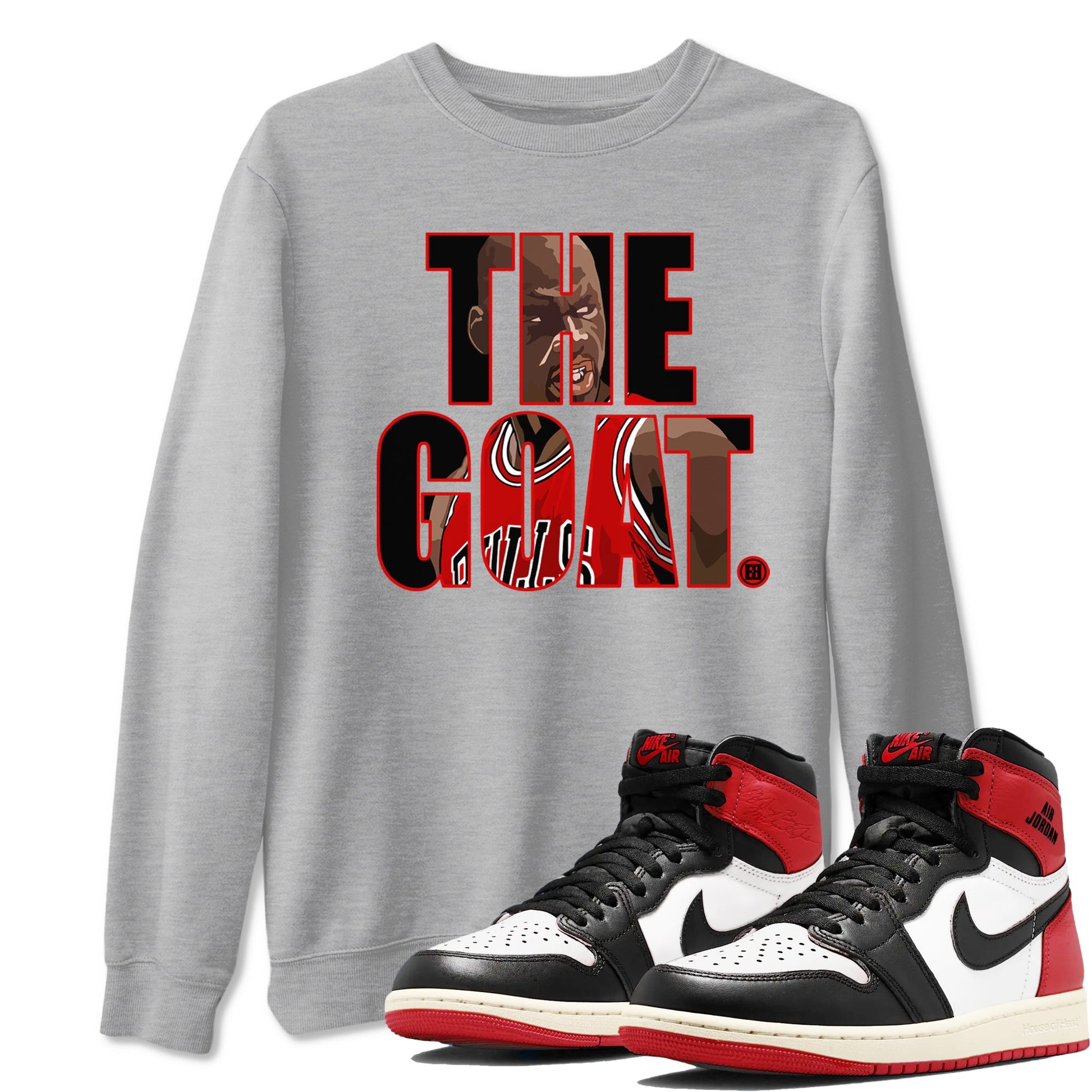 1s Black Toe Reimagined shirts to match jordans The Goat sneaker match tees Air Jordan 1 Black Toe Reimagined match shoes to clothes SNRT Sneaker Tees unisex cotton Heather Grey 1 shirts