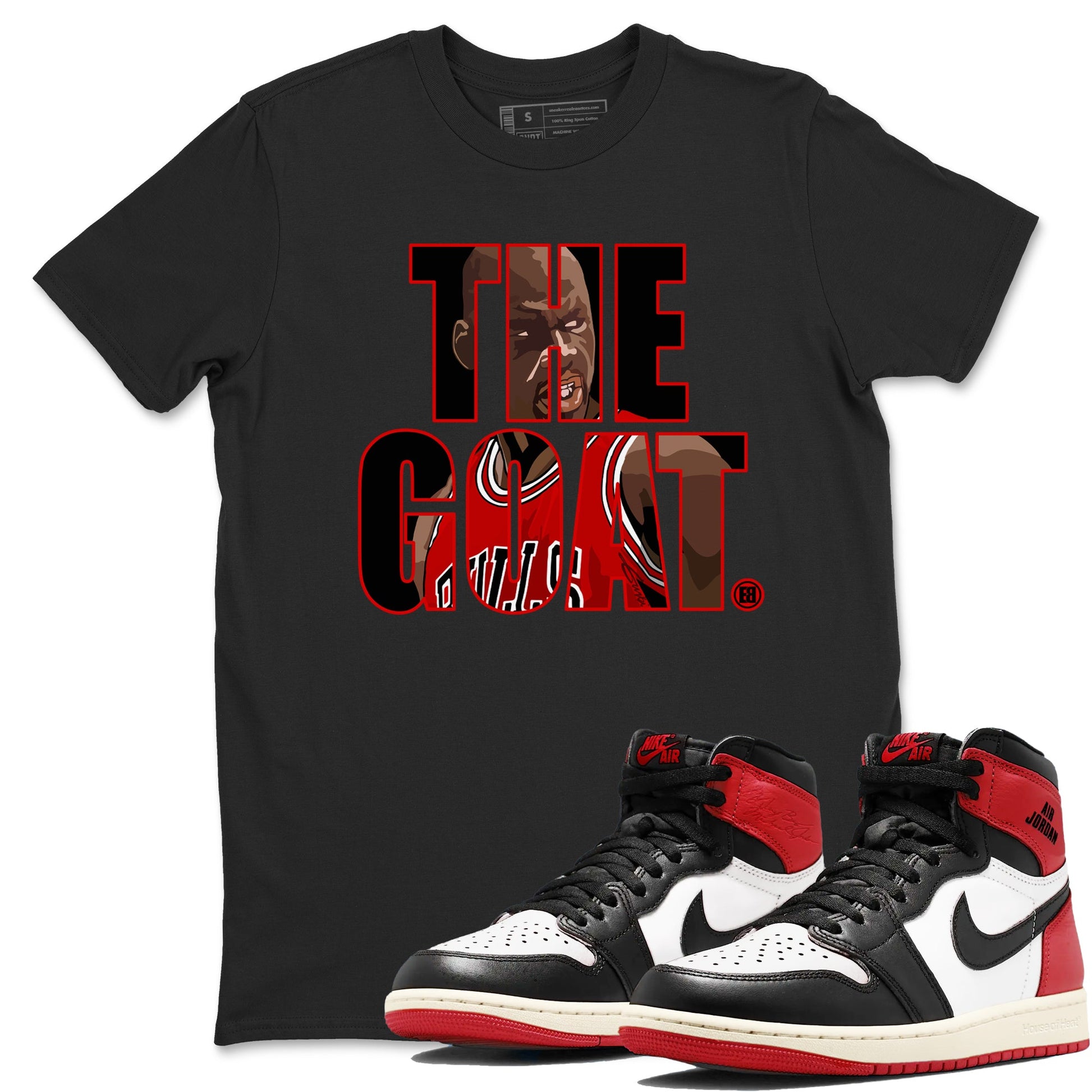 1s Black Toe Reimagined shirts to match jordans The Goat sneaker match tees Air Jordan 1 Black Toe Reimagined match shoes to clothes SNRT Sneaker Tees unisex cotton Black 1 shirts