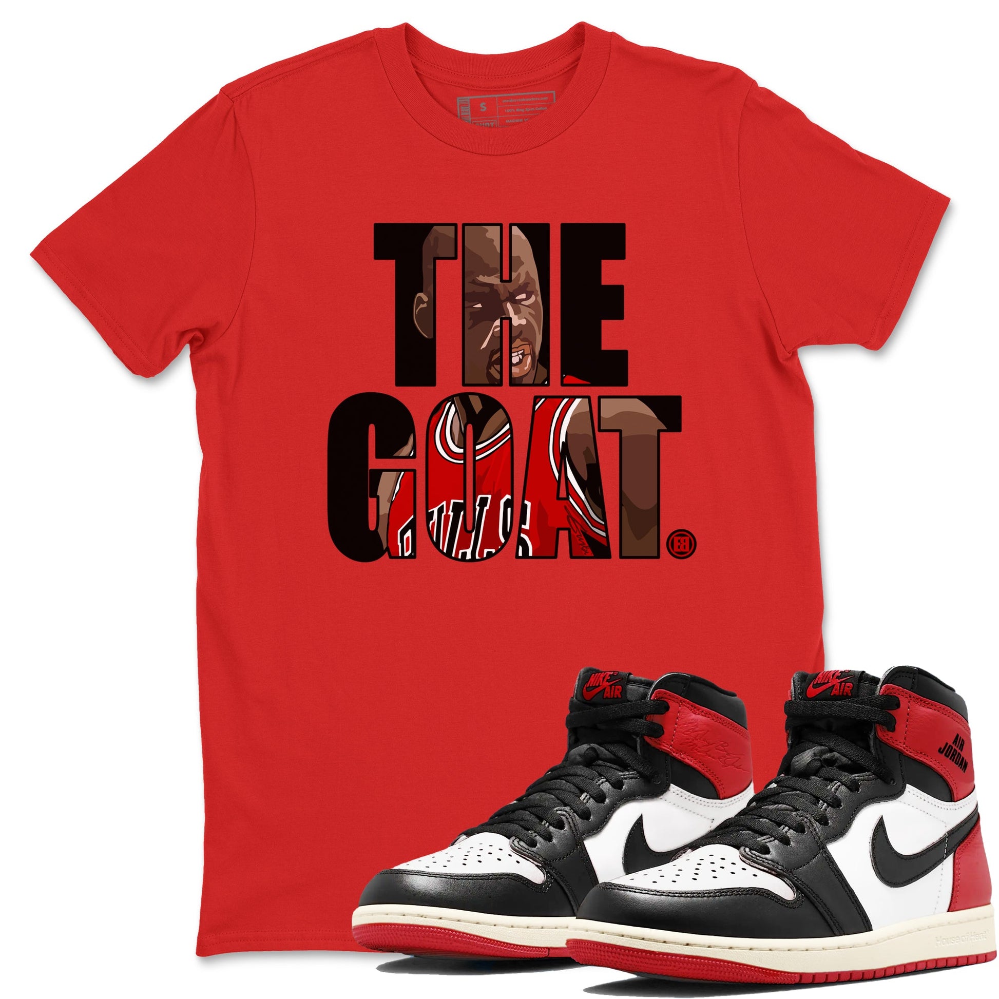 1s Black Toe Reimagined shirts to match jordans The Goat sneaker match tees Air Jordan 1 Black Toe Reimagined match shoes to clothes SNRT Sneaker Tees unisex cotton Red 1 shirts