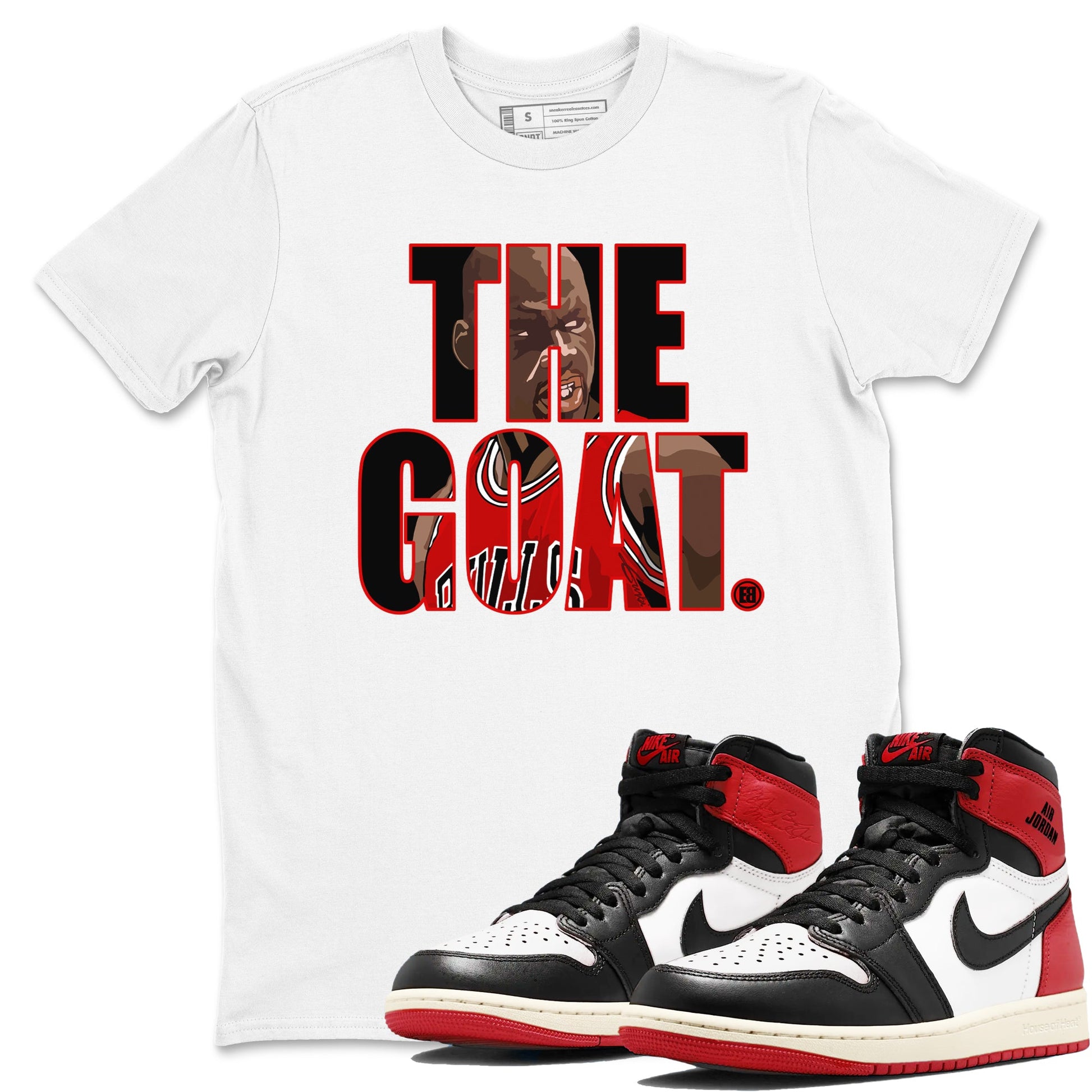 1s Black Toe Reimagined shirts to match jordans The Goat sneaker match tees Air Jordan 1 Black Toe Reimagined match shoes to clothes SNRT Sneaker Tees unisex cotton White 1 shirts