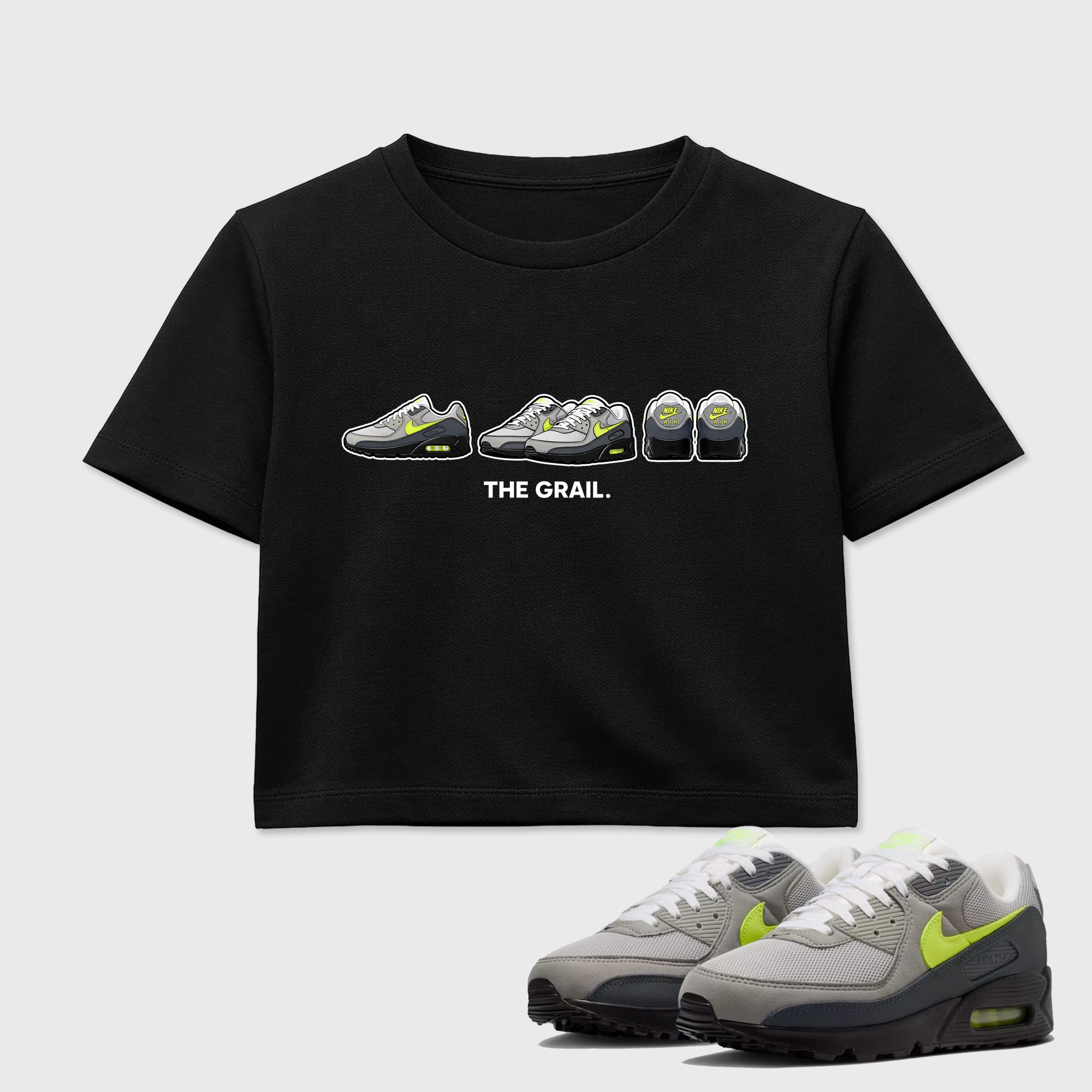 Sneakerfit graphic tee destination – Sneaker Tees To Match Air Max 90 Neon Yellow Sneakers – The Grail Crop T-Shirt Black 1