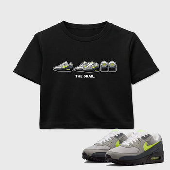 Sneakerfit graphic tee destination – Sneaker Tees To Match Air Max 90 Neon Yellow Sneakers – The Grail Crop T-Shirt Black 1
