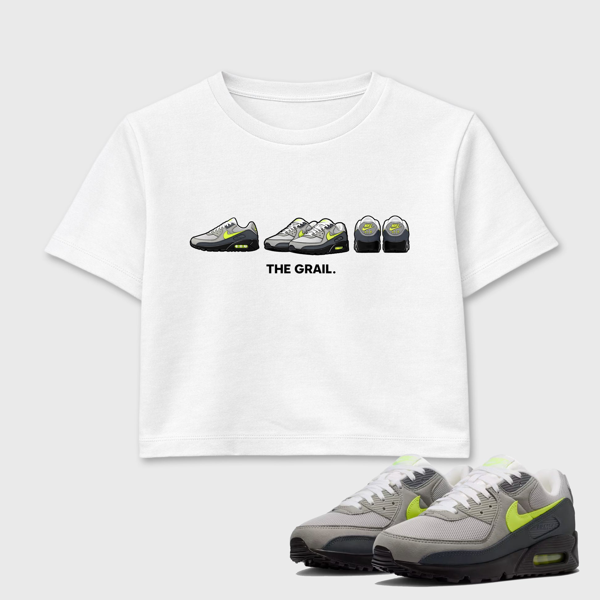 Sneakerfit graphic tee destination – Sneaker Tees To Match Air Max 90 Neon Yellow Sneakers – The Grail Crop T-Shirt White 1
