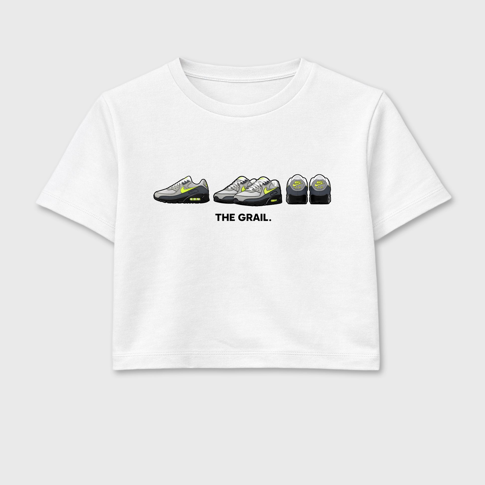 Sneakerfit graphic tee destination – Sneaker Tees To Match Air Max 90 Neon Yellow Sneakers – The Grail Crop T-Shirt White 2