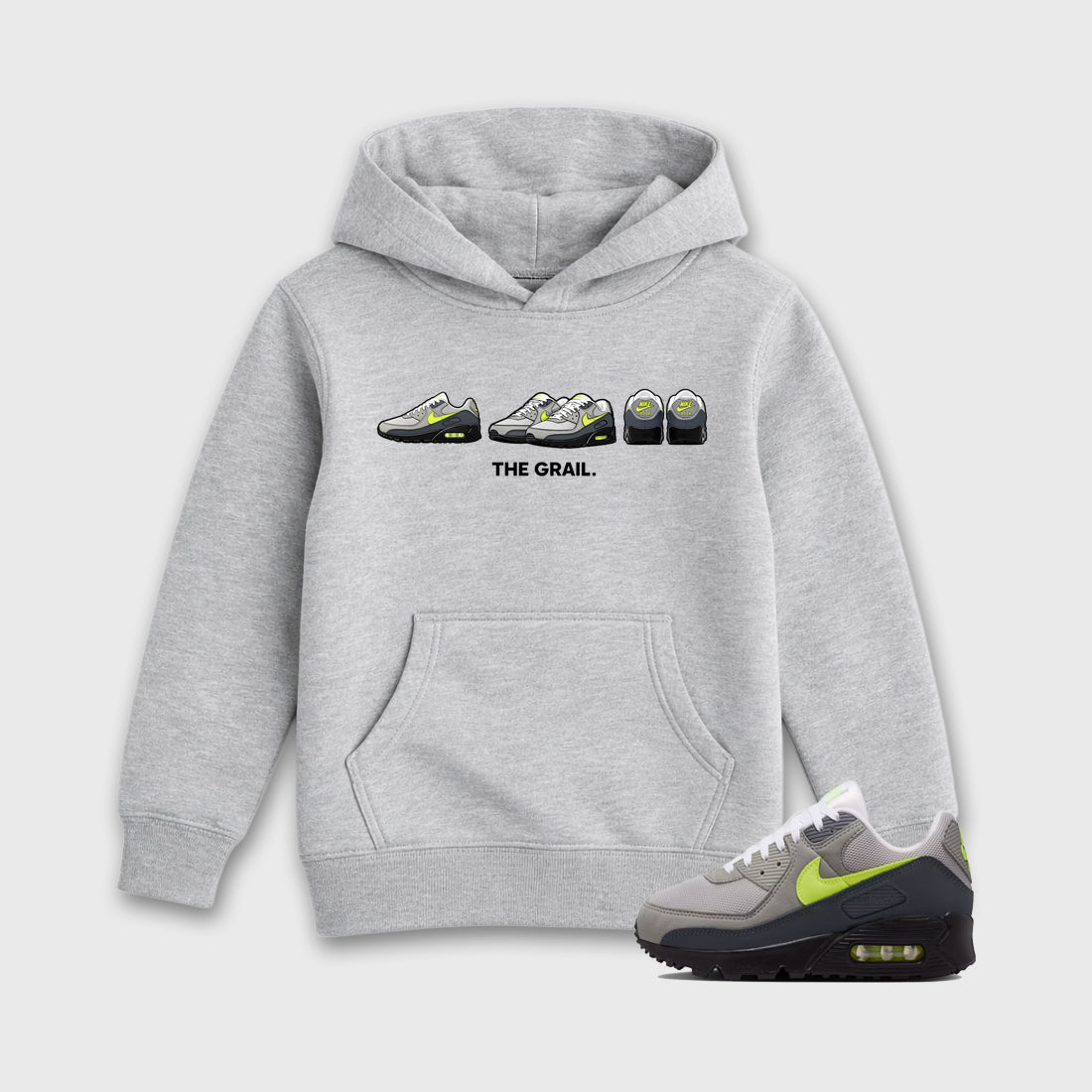 Sneakerfit graphic tee destination – Sneaker Tees To Match Air Max 90 Neon Yellow Sneakers – The Grail Kids T-Shirt Heather Grey 1